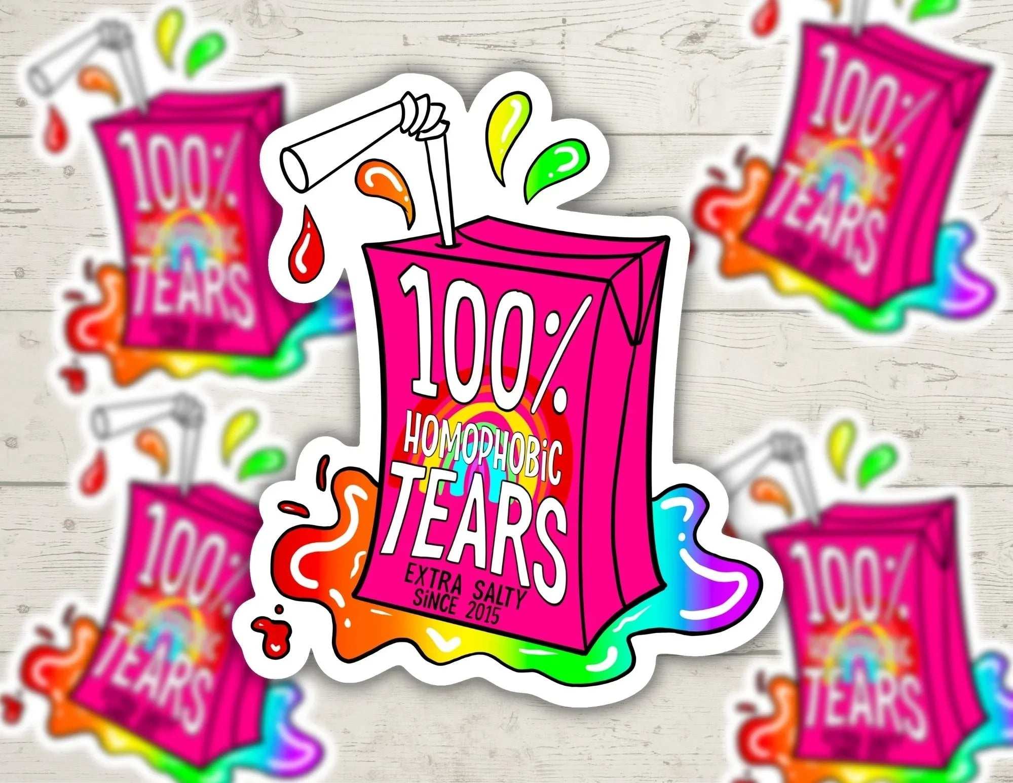 Homophobic Tears Juice Box vinyl sticker with bold, durable design