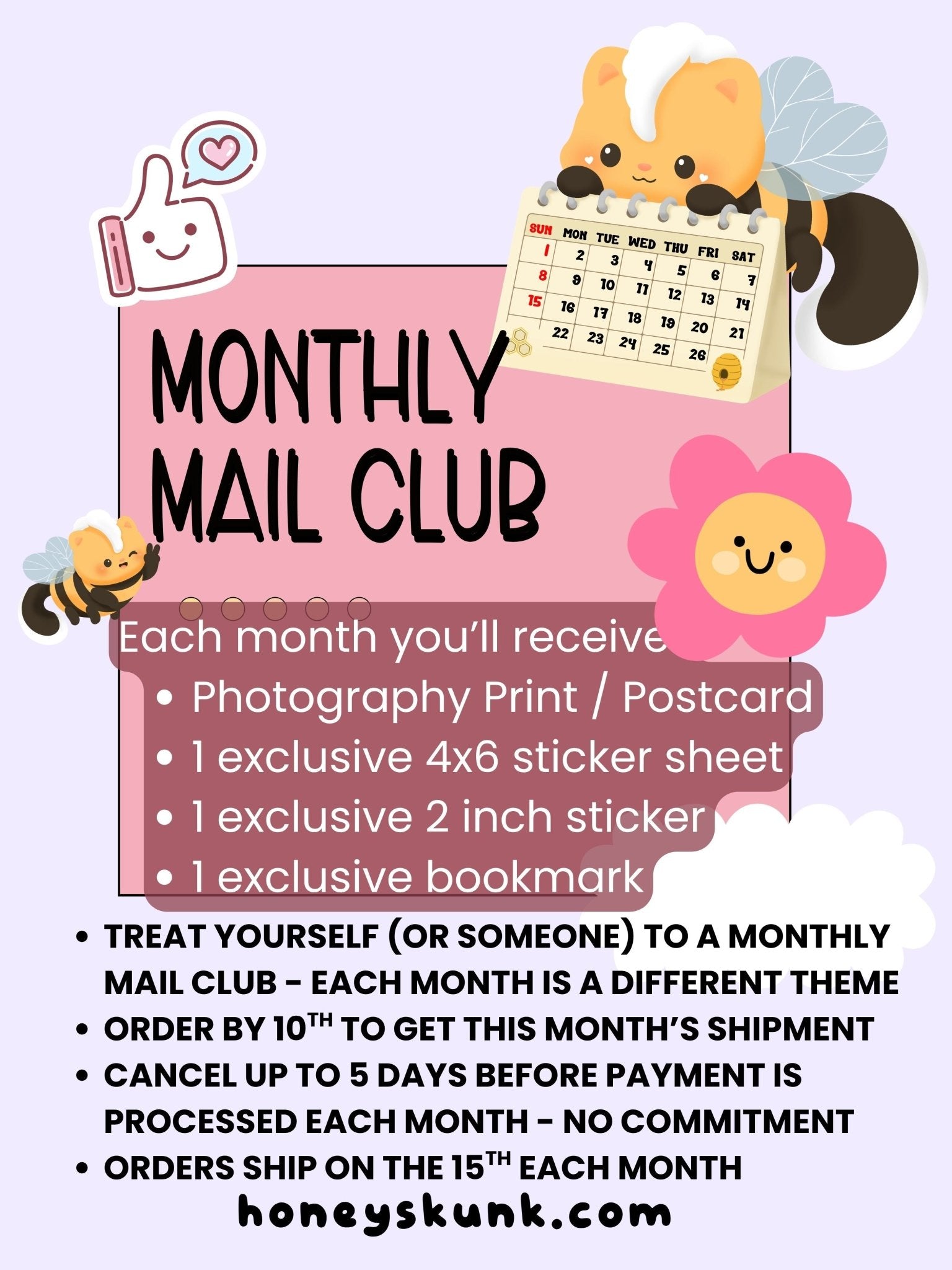 HoneySkunk Monthly Mail Club | Get Themed Photograph, Stickers and Bookmark Monthly - HoneySkunk