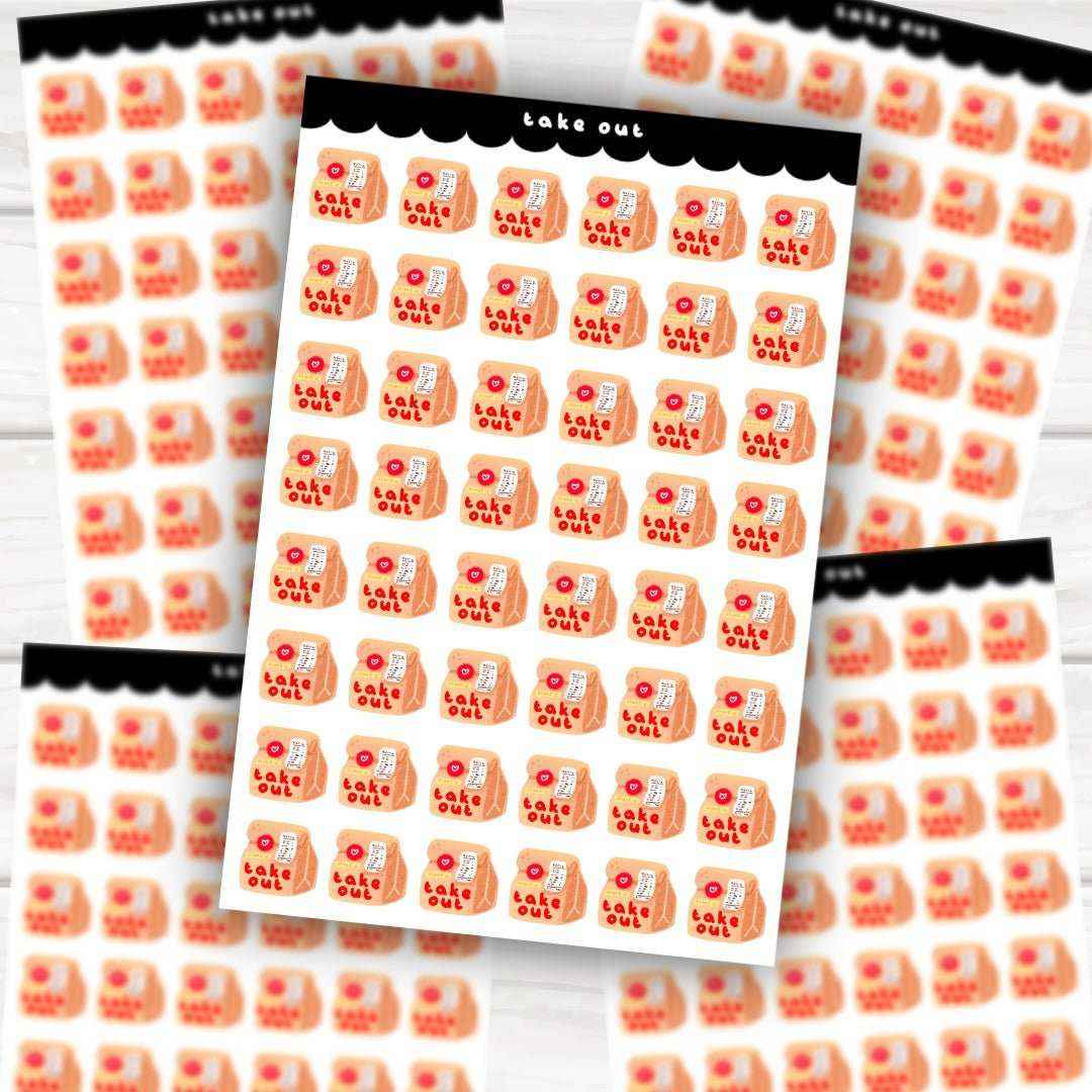 Four-sheet Hungry Kitty foodie planner stickers bundle with grocery, meal prep, takeout, and dumpling designs