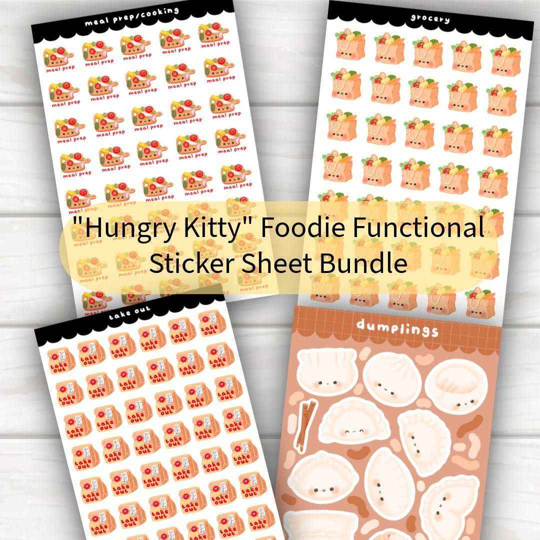 Hungry Kitty food-themed sticker sheet planner stickers bundle with grocery, meal prep, takeout, and dumpling designs for kitchen organization and meal planning