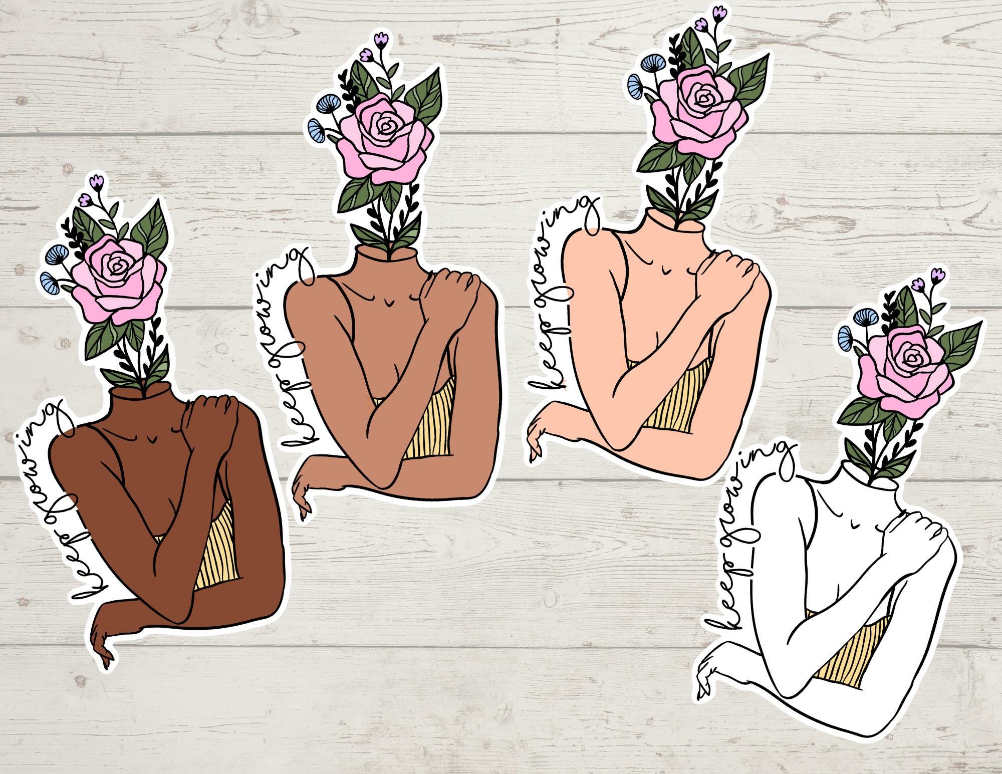 Keep Growing Floral Girl | Pick Skin Color Option | Funny Cheeky Durable Sticker | Multiple Sizes