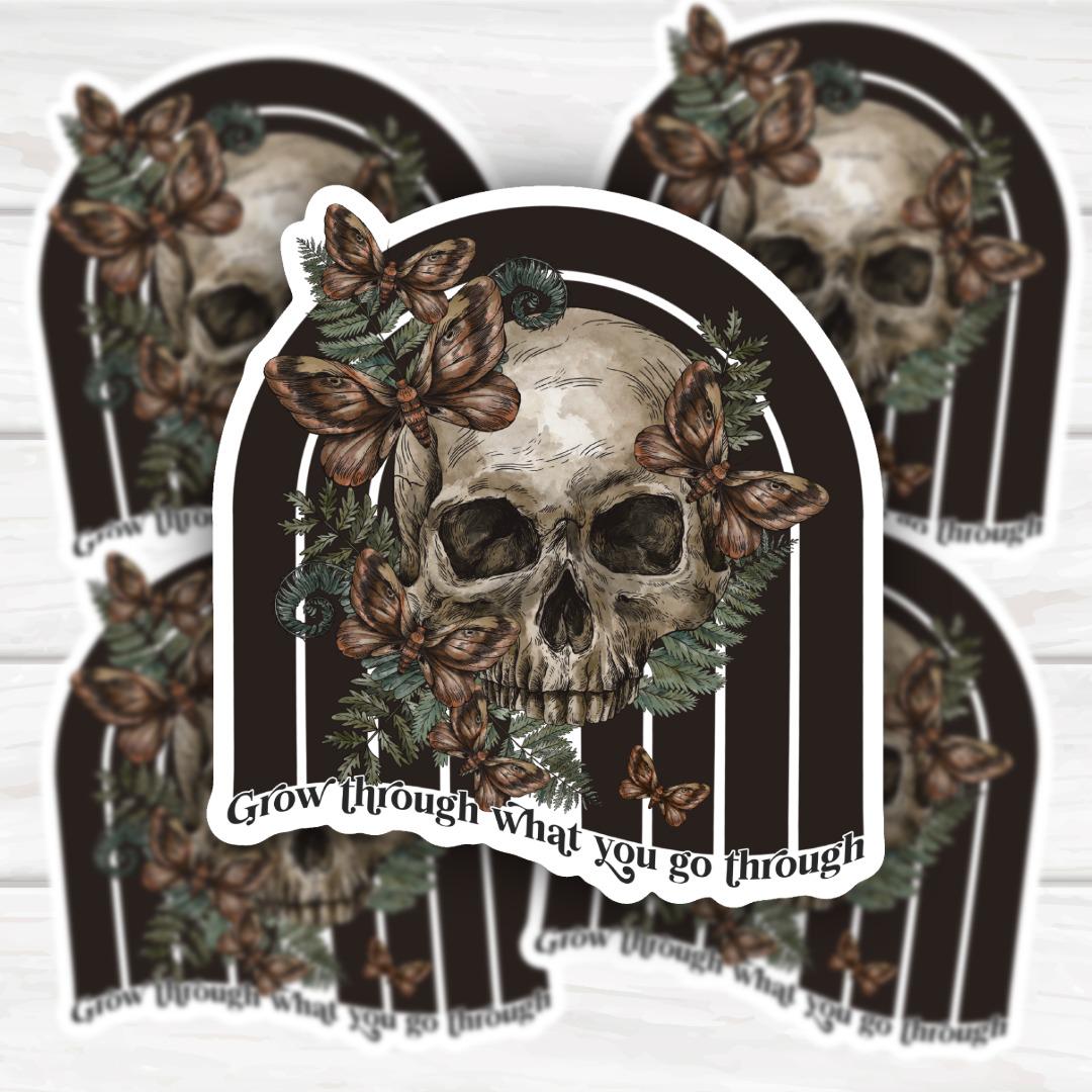 Skull Butterfly Sticker | Grow Through What You Go Through | Mental Health Vinyl Decal