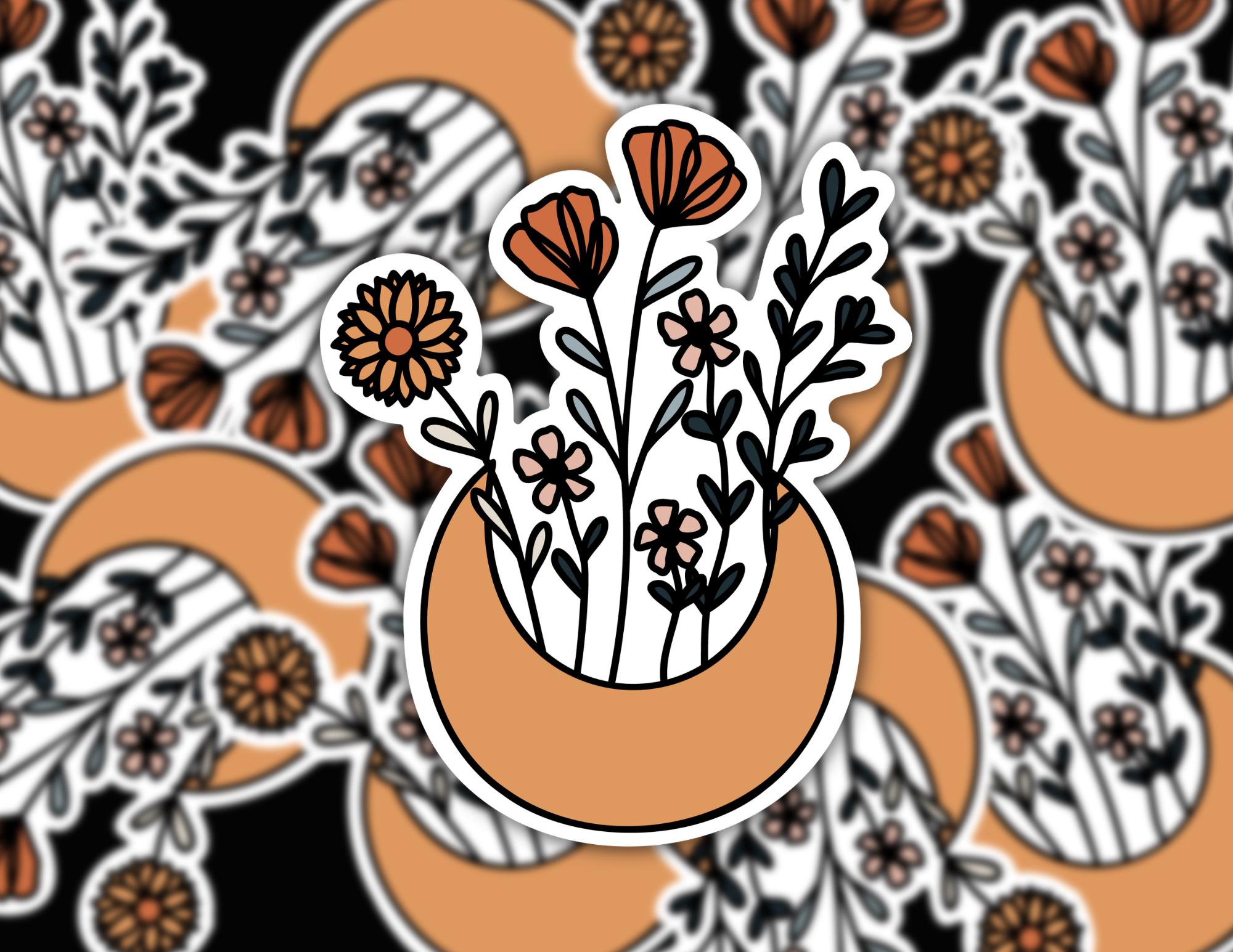 Crescent Moon and Flowers | Funny Cheeky Durable Sticker | Multiple Sizes
