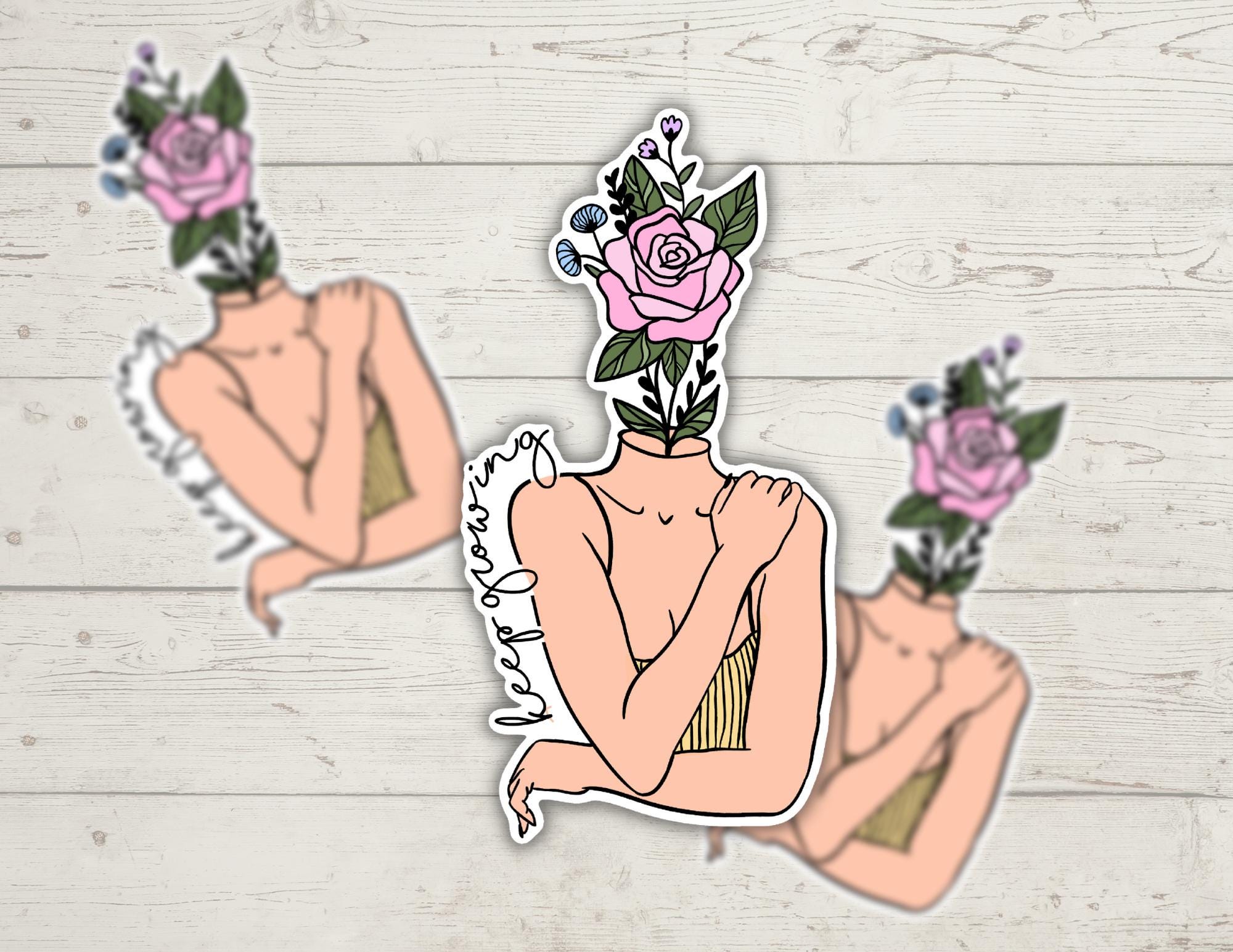 Keep Growing Floral Girl | Pick Skin Color Option | Funny Cheeky Durable Sticker | Multiple Sizes