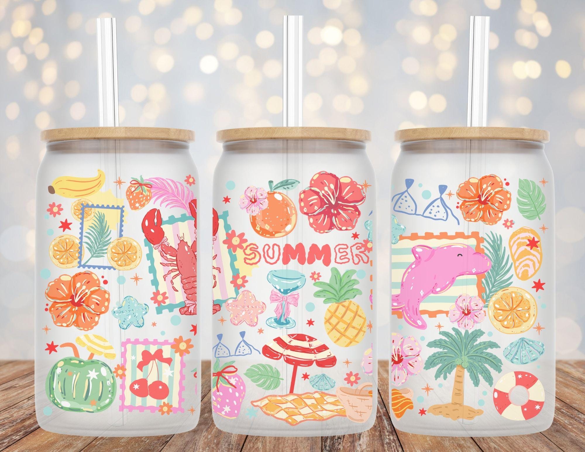 Summer and Sea Creatures Whimsical Libby Glass Beer Can Cup 16oz