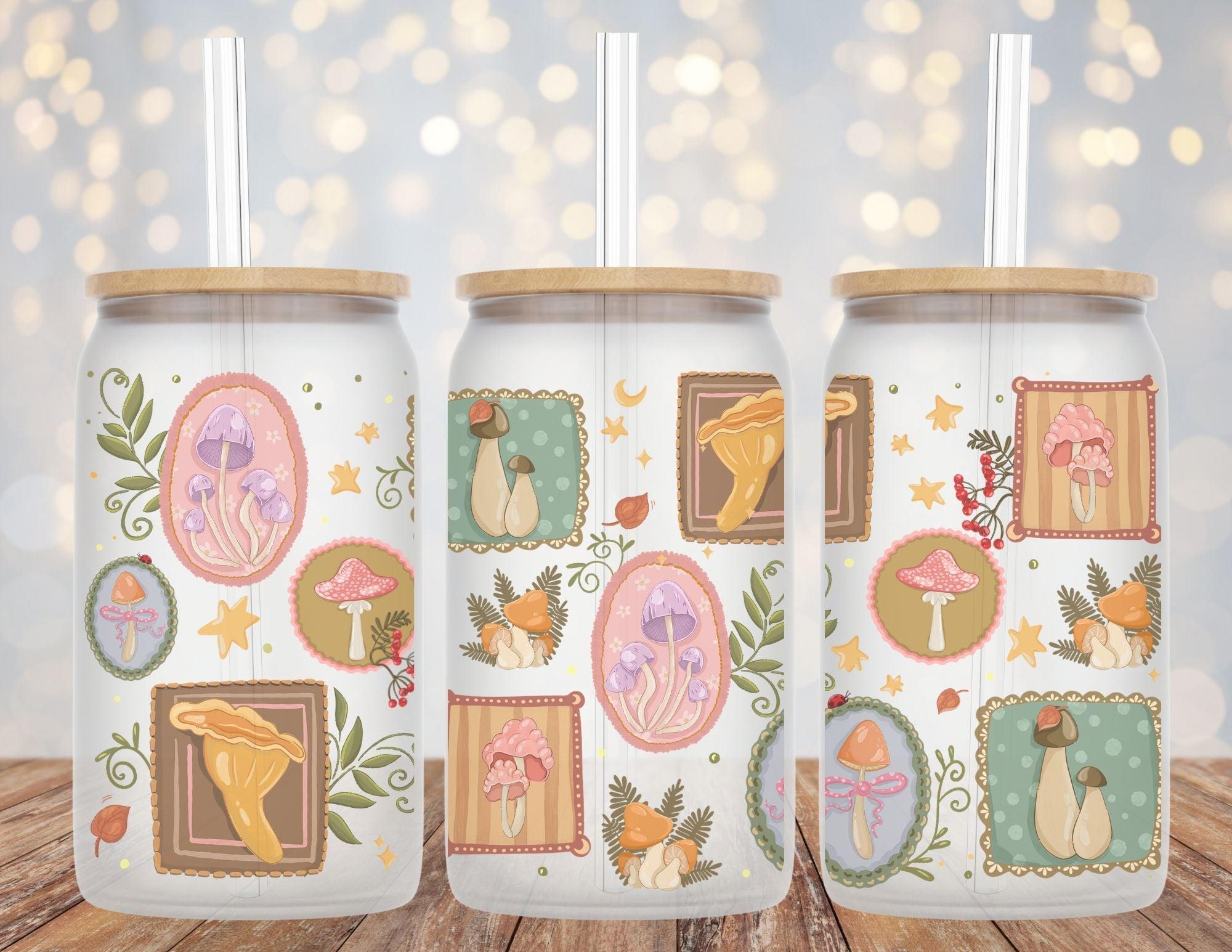 Mushrooms and Floral Whimsical Libby Glass Beer Can Cup 16oz