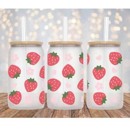 Libby Glass Beer Can Cup with adorable strawberries and pink daisies design, 16oz, including straw and bamboo lid options