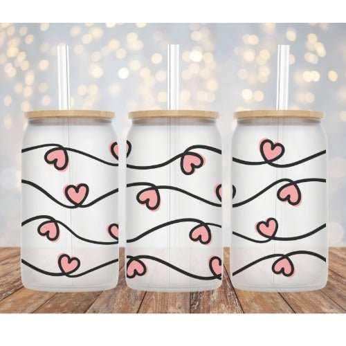 16oz Pink Hearts Libby Glass beer can style cup with straw and bamboo lid options