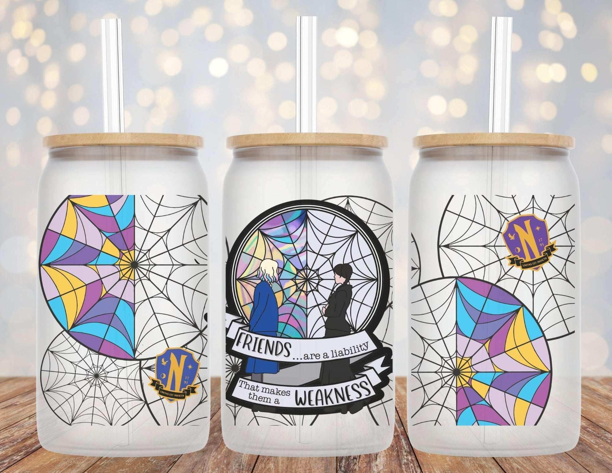 Gloomy dark girl inspired Friends Are A Liability Libby glass beer can cup with straw and bamboo lid options
