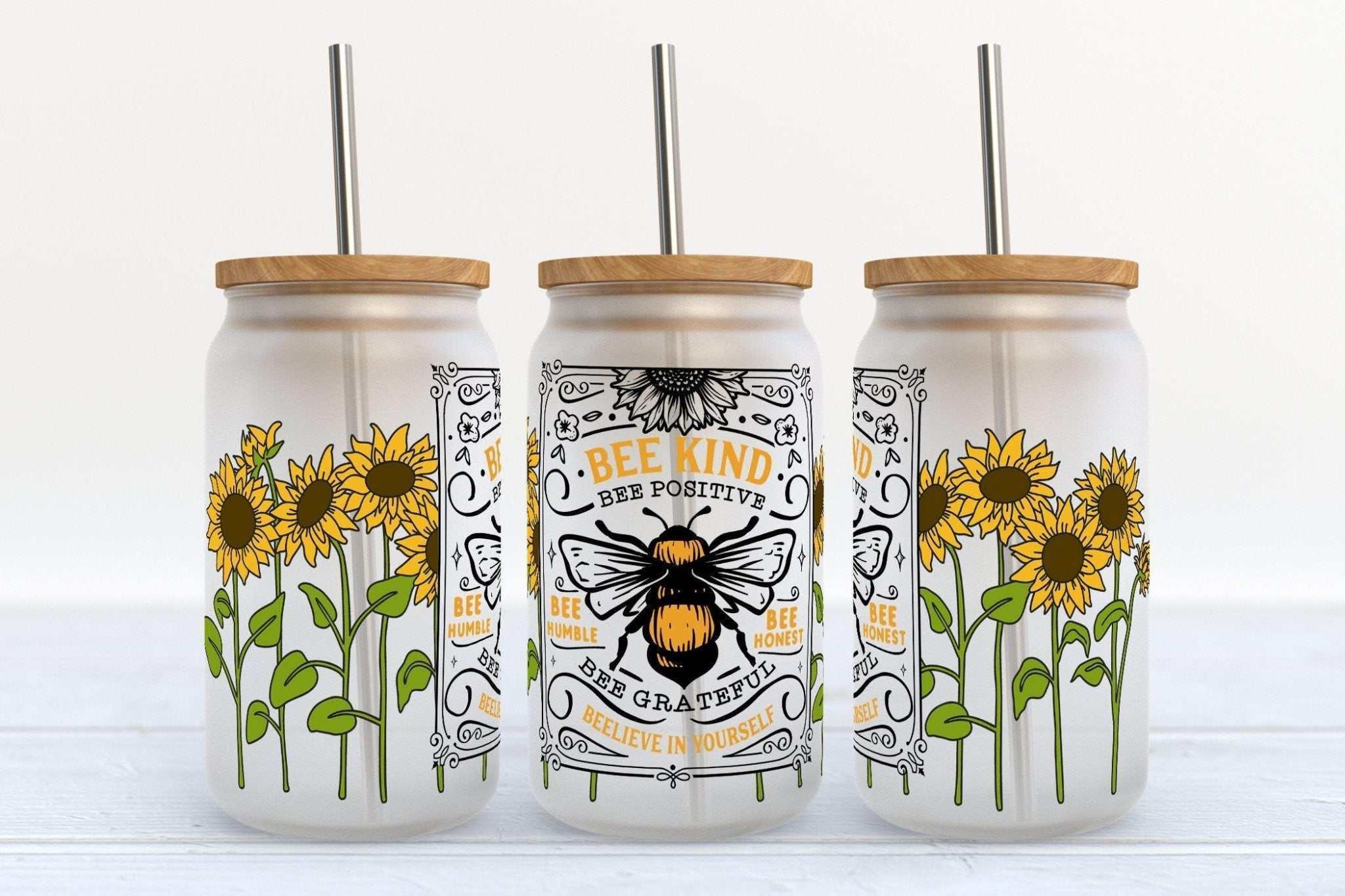 Be Positive Beautiful Bee and Sunflowers design on 16oz Libby Beer Can glass cup with straw and bamboo lid options