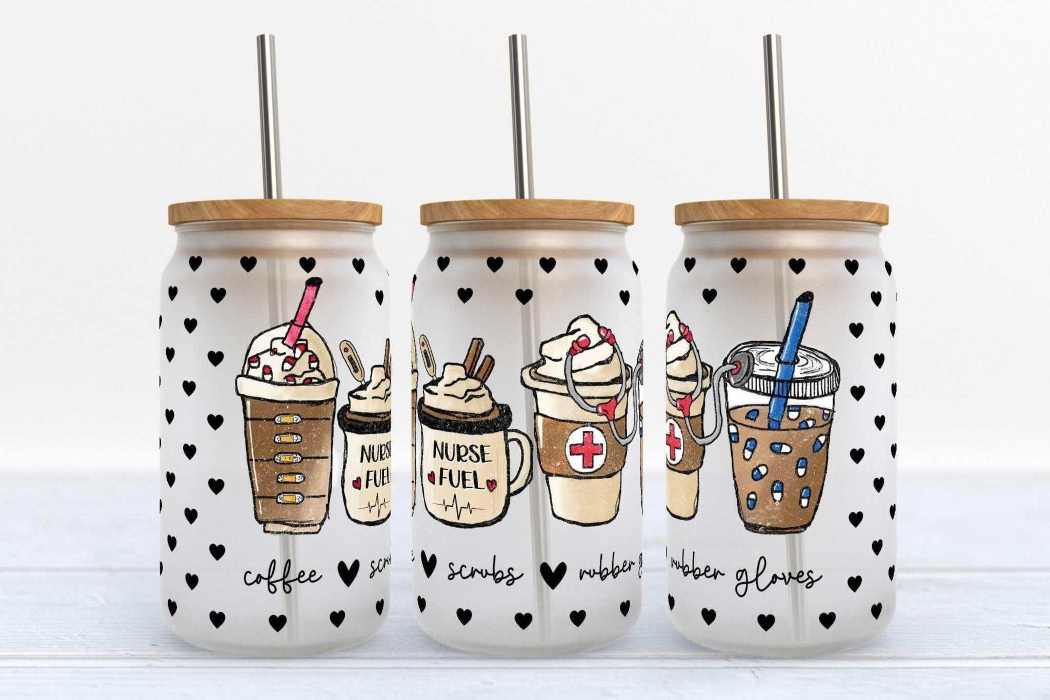 Nurse Fuel Coffee Lover 16oz glass beer can cup with straw and bamboo lid options