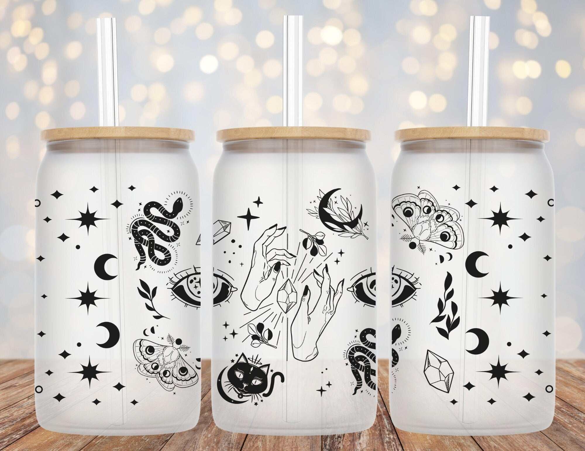 16oz Libby glass beer can cup with witchy vibes crystals, moons, and stars design