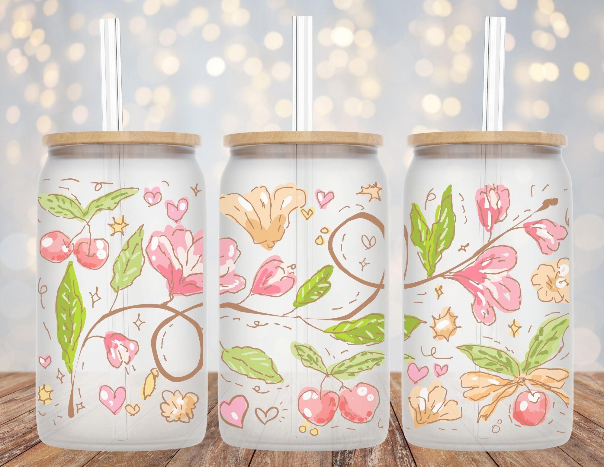 Flowers and Berries Whimsical Libby Glass Beer Can Cup 16oz