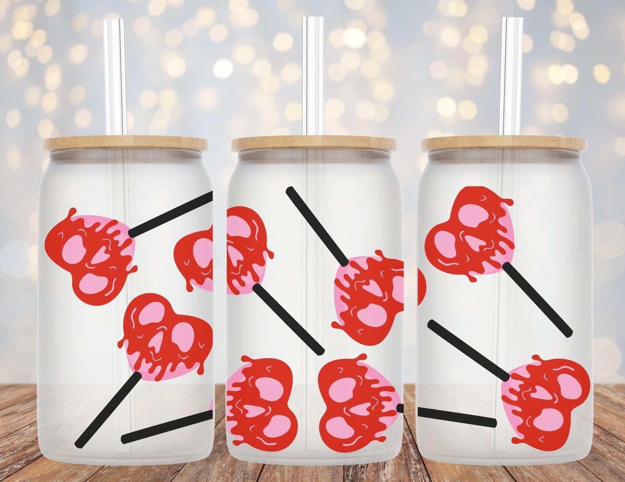Heart lollypops design on 16 oz Libby Glass Beer Can Cup with drippy face, includes straw and bamboo or rhinestone lid options.