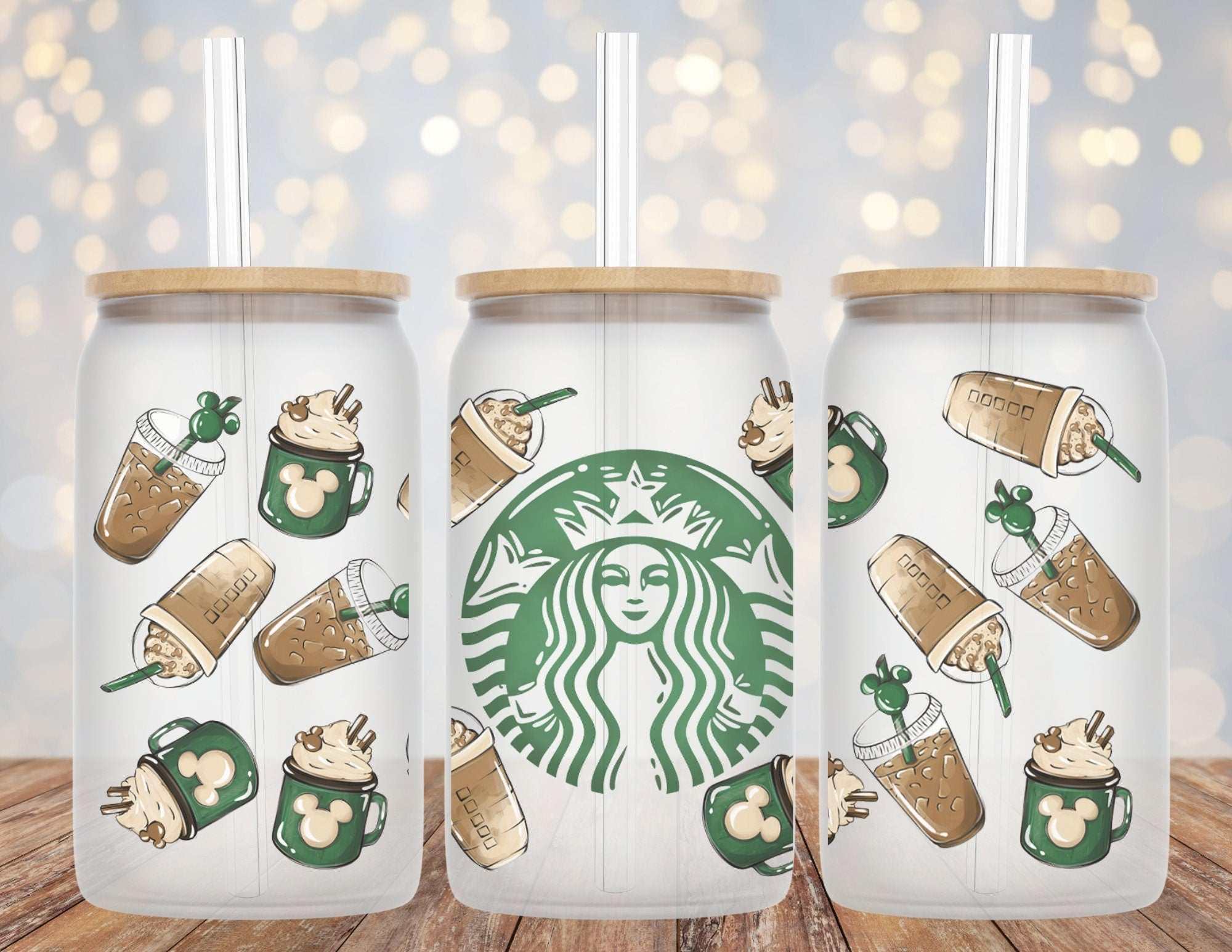 Mickey and Starbucks inspired 16oz glass beer can cup with straw and optional bamboo lids