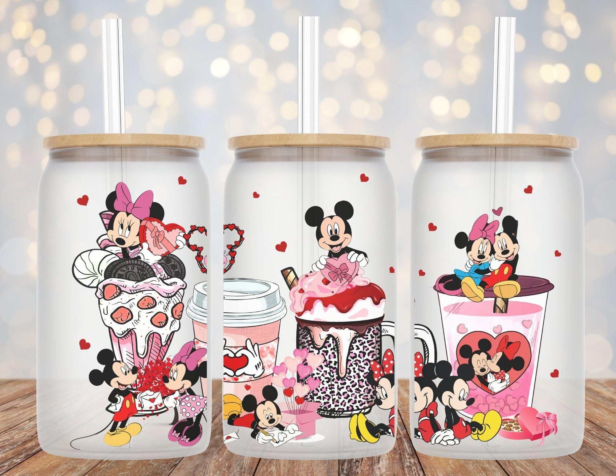 Mickey and Minnie inspired 16oz Libby glass beer can cup with hearts design and straw