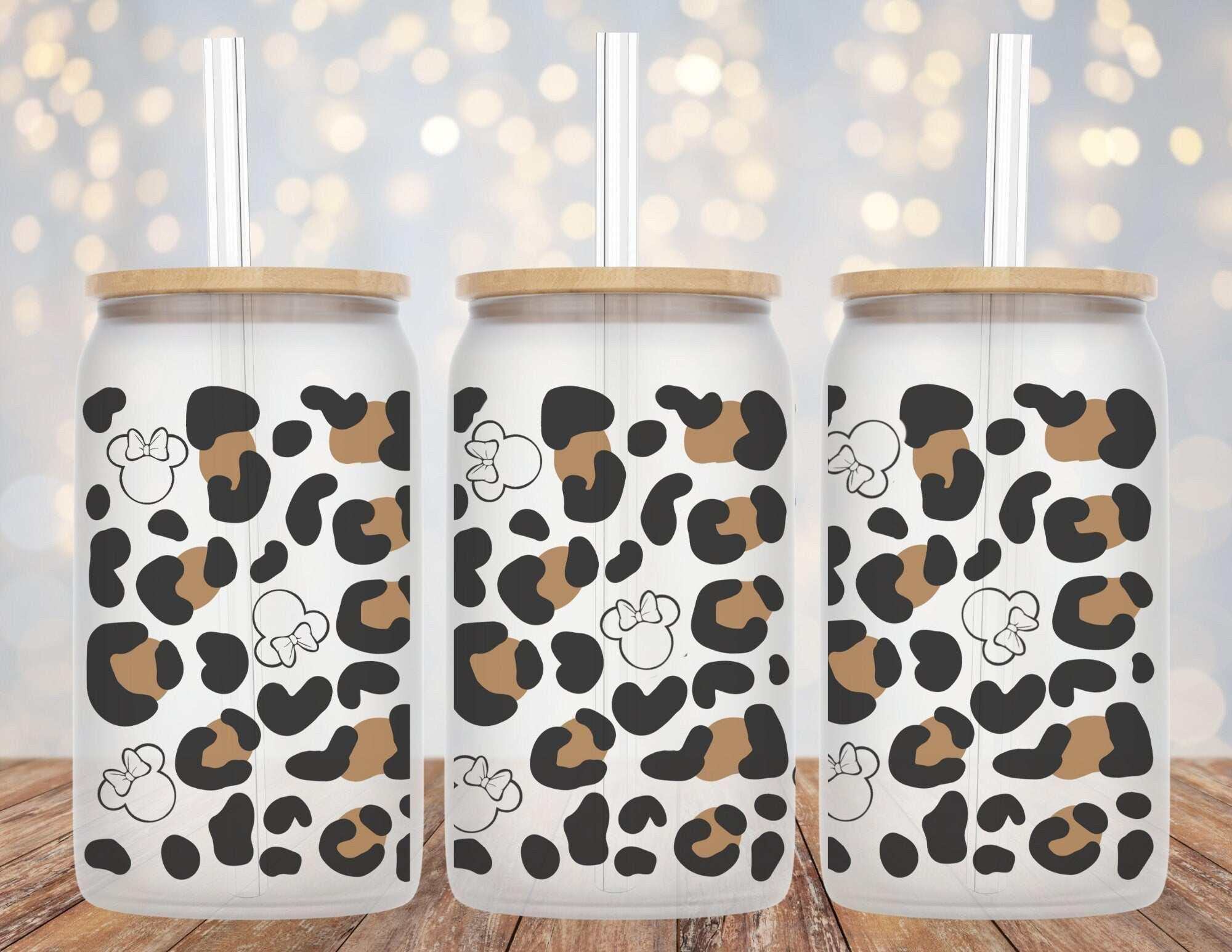 Minnie Mouse leopard print 16oz Libby glass beer can cup with straw and bamboo lid options