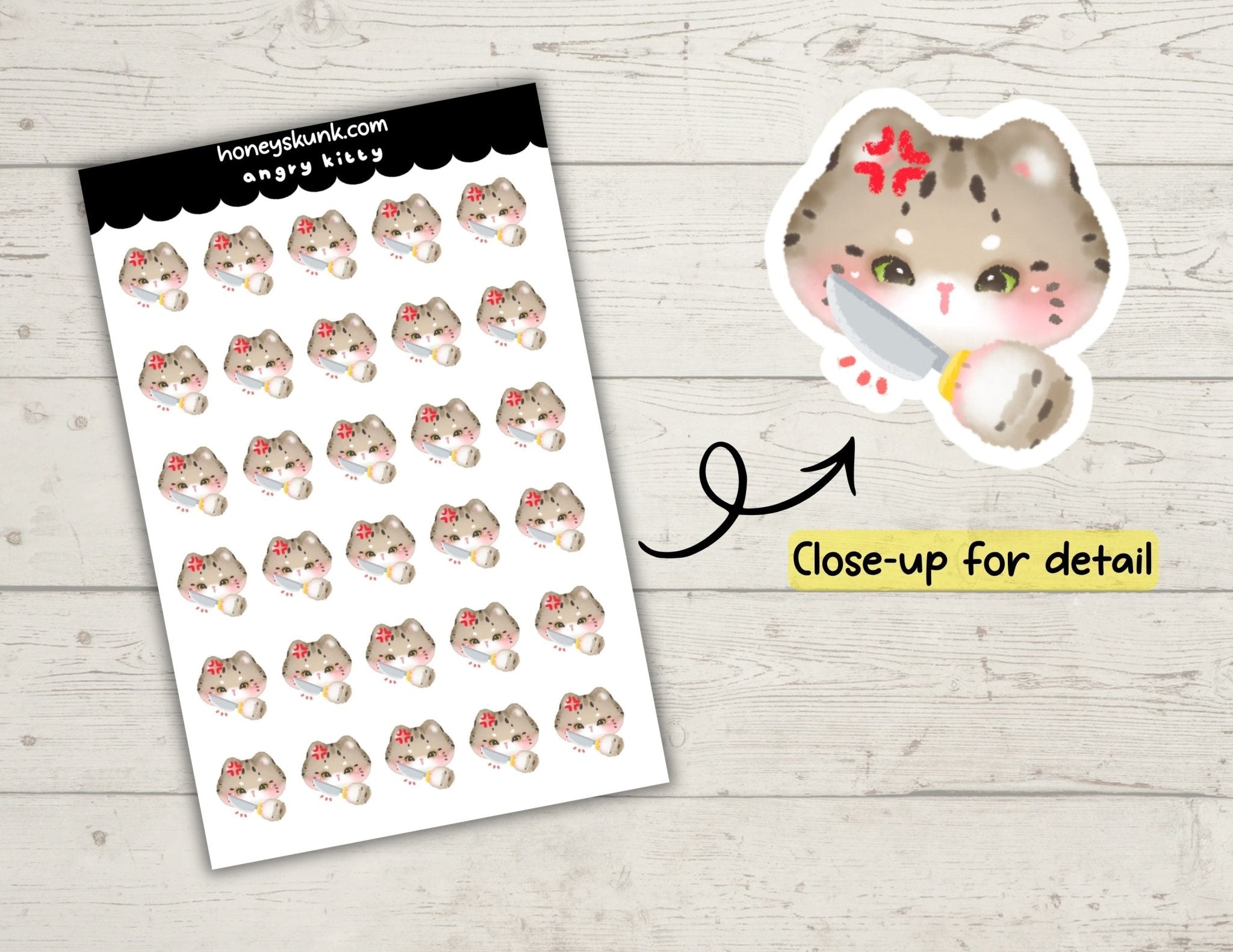 Kawaii Angry Kitty Stickers, Cute Cat with Knife Mood Tracker Planner Journal Icons Sheet - HoneySkunk