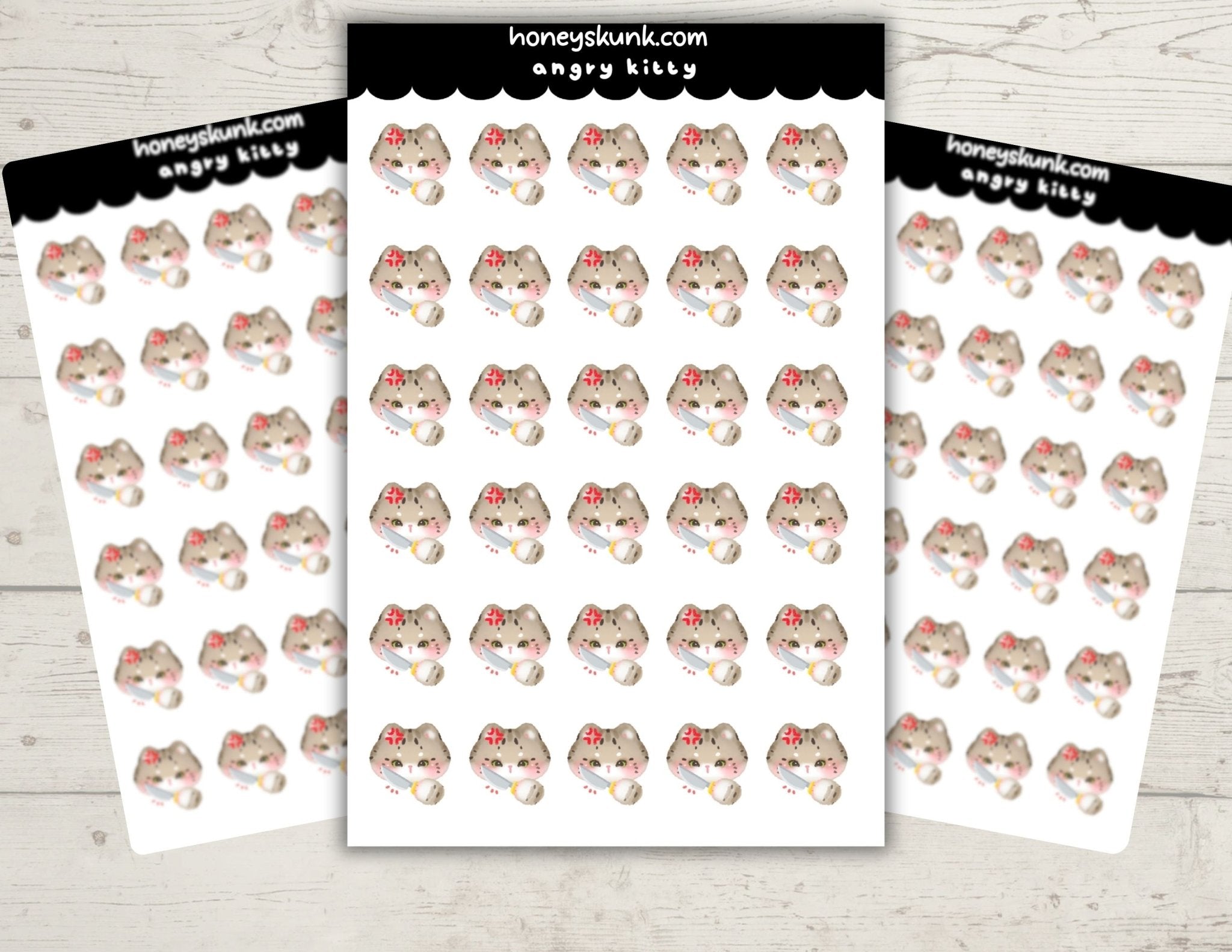 Kawaii Angry Kitty Stickers, Cute Cat with Knife Mood Tracker Planner Journal Icons Sheet - HoneySkunk
