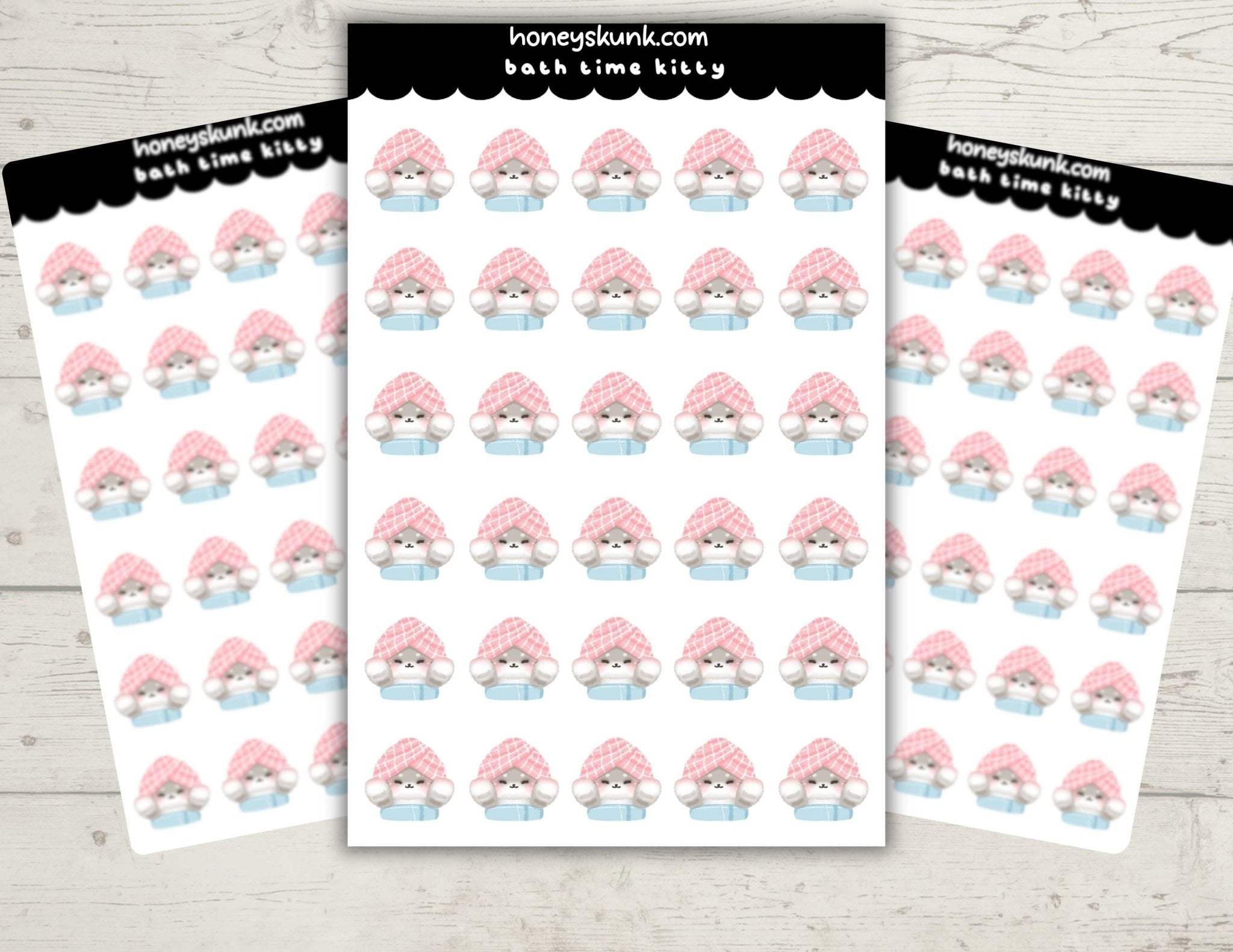 Kawaii Bath Time Kitty Stickers, Cute Cat Self Care Routine Planner Journal Icons Sheet - HoneySkunk