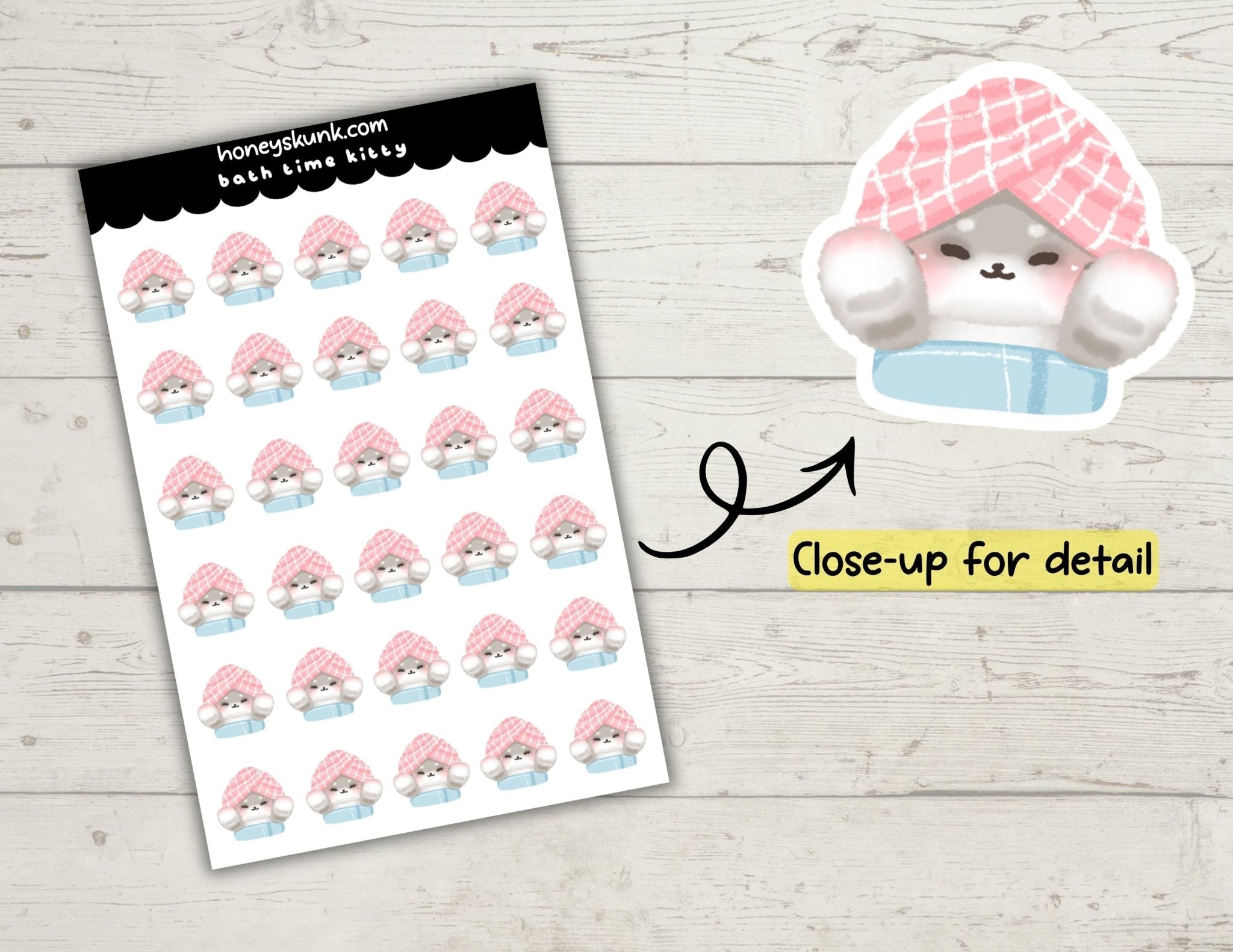 Kawaii Bath Time Kitty Stickers, Cute Cat Self Care Routine Planner Journal Icons Sheet - HoneySkunk