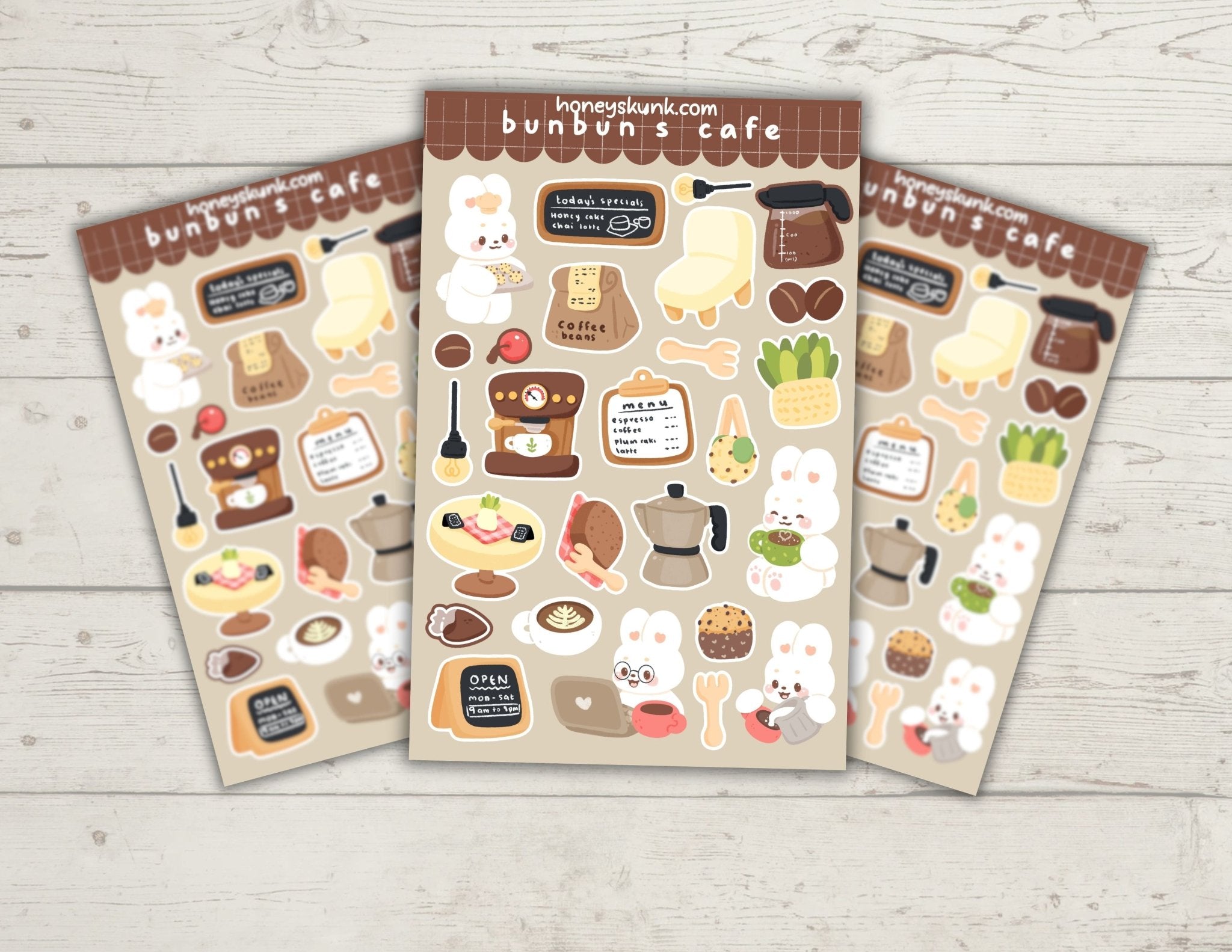 Kawaii Bunny Coffee Shop Stickers, Cute Cafe Dessert Vinyl Decals for Laptop & Kindle - HoneySkunk