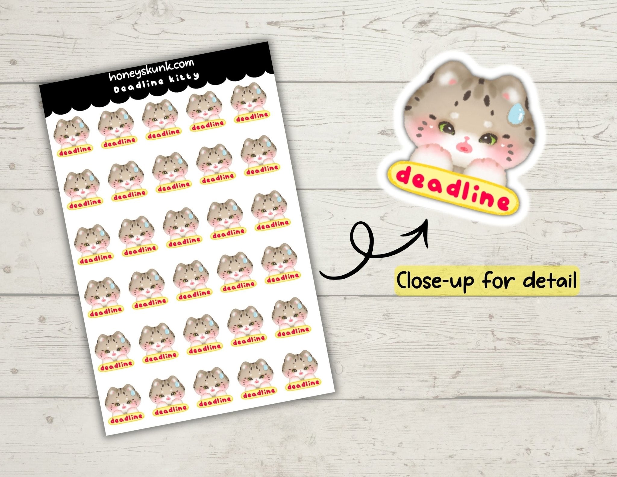 Kawaii Deadline Kitty Stickers, Cute Stressed Cat Work Study Planner Journal Icons Sheet - HoneySkunk