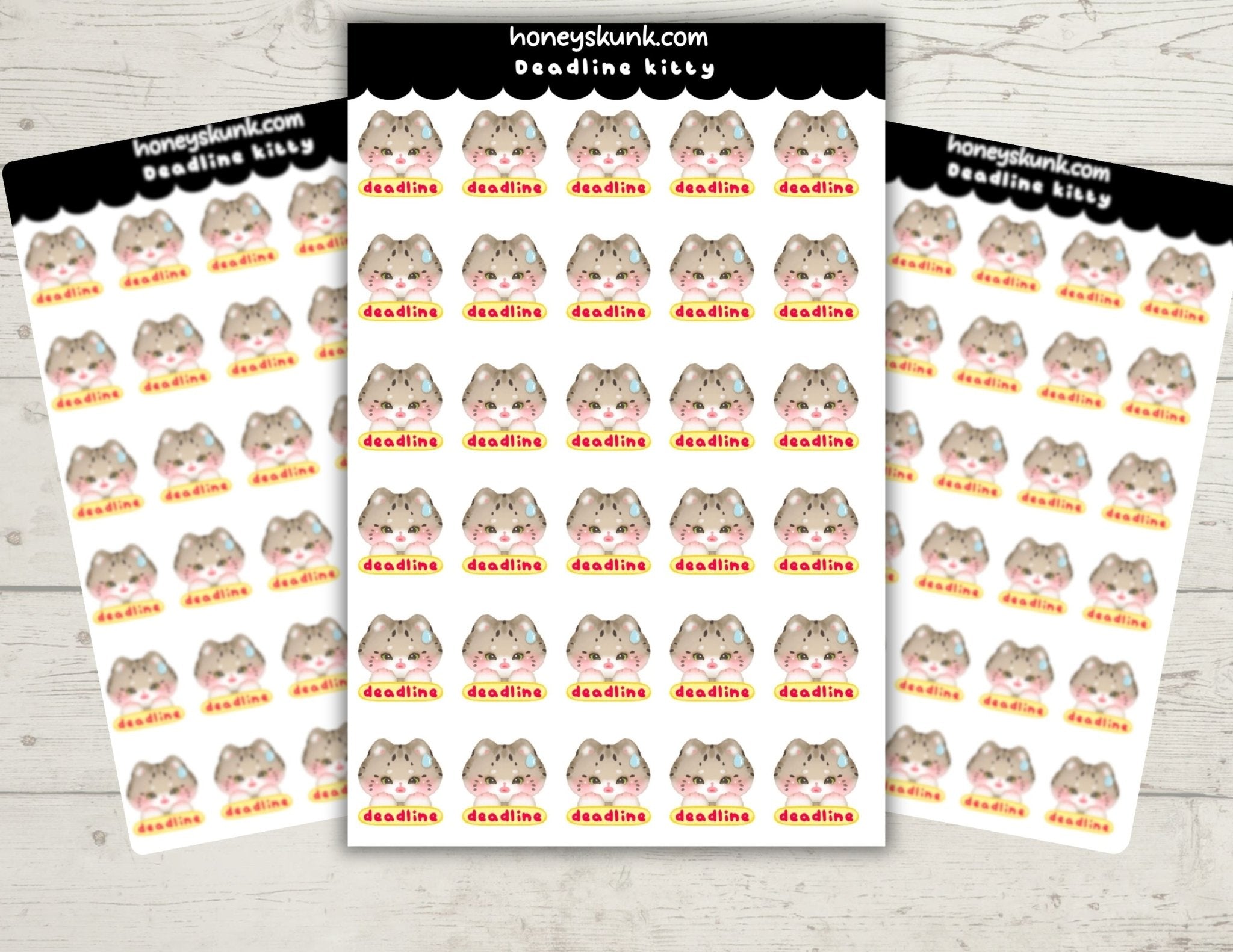 Kawaii Deadline Kitty Stickers, Cute Stressed Cat Work Study Planner Journal Icons Sheet - HoneySkunk