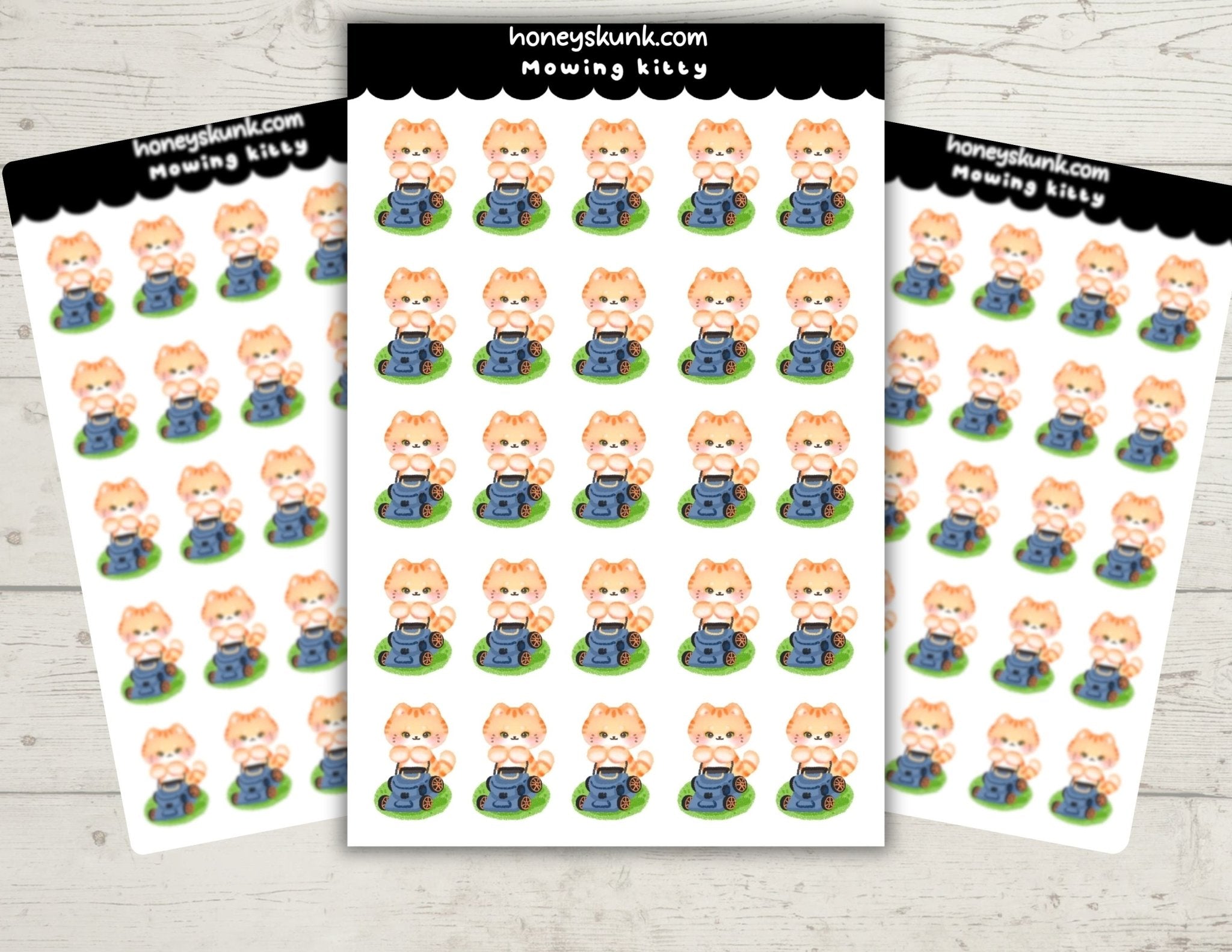 Kawaii Mowing Kitty Stickers, Cute Cat Lawn Care Chore Planner Journal Icons Sheet - HoneySkunk