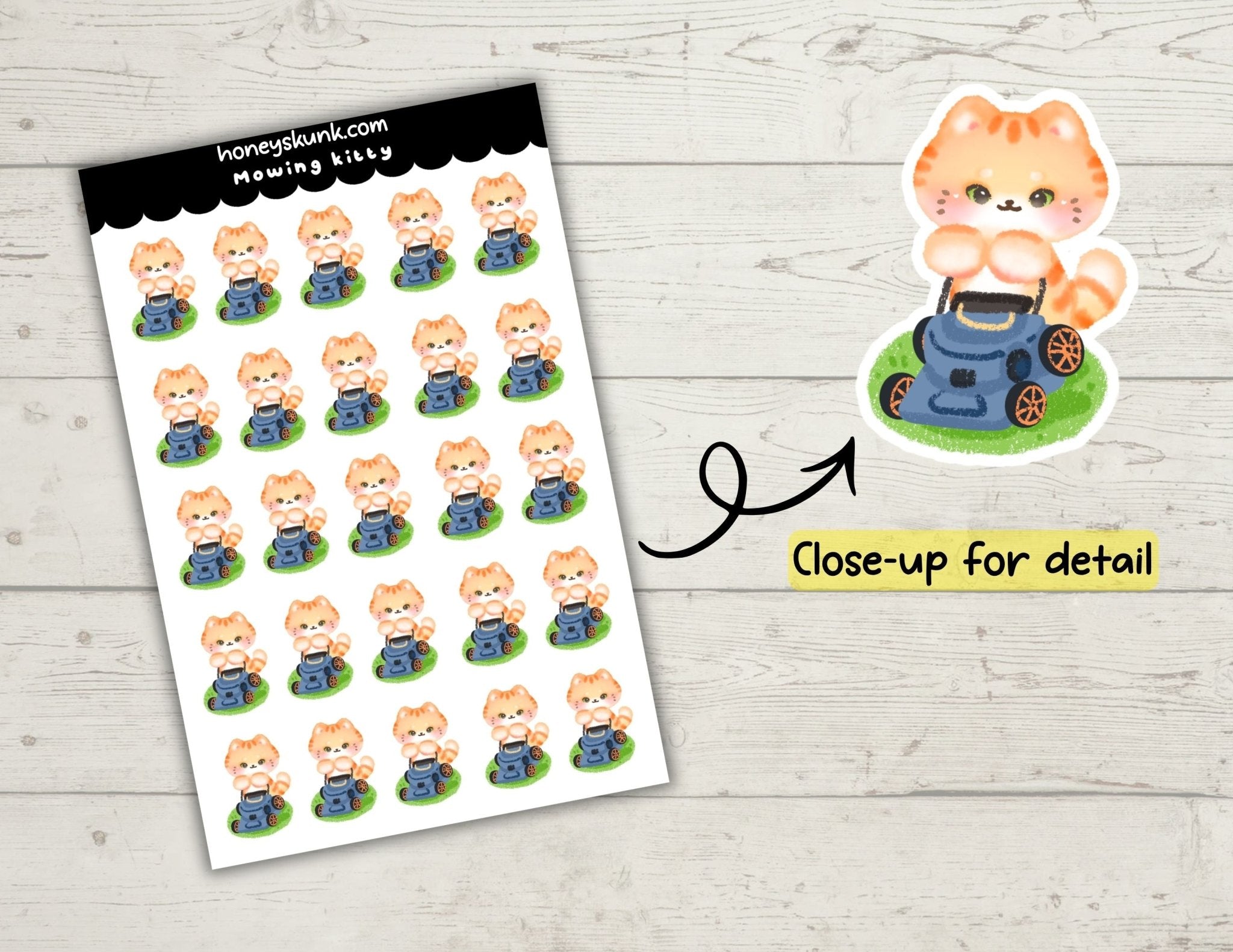 Kawaii Mowing Kitty Stickers, Cute Cat Lawn Care Chore Planner Journal Icons Sheet - HoneySkunk