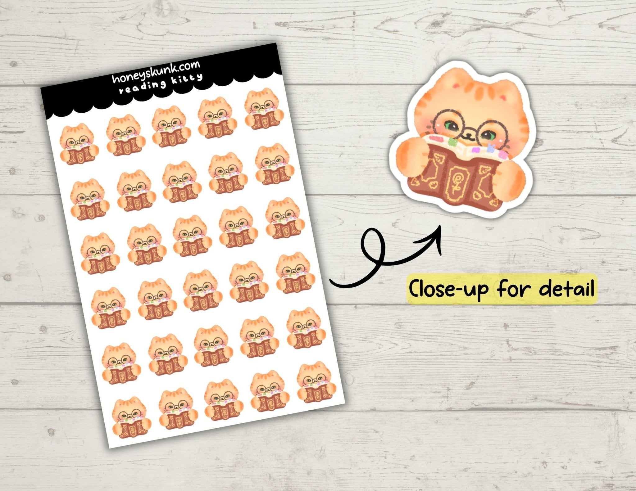 Kawaii Reading Kitty Stickers, Cute Orange Cat Book Tracker Planner Journal Icons Sheet - HoneySkunk