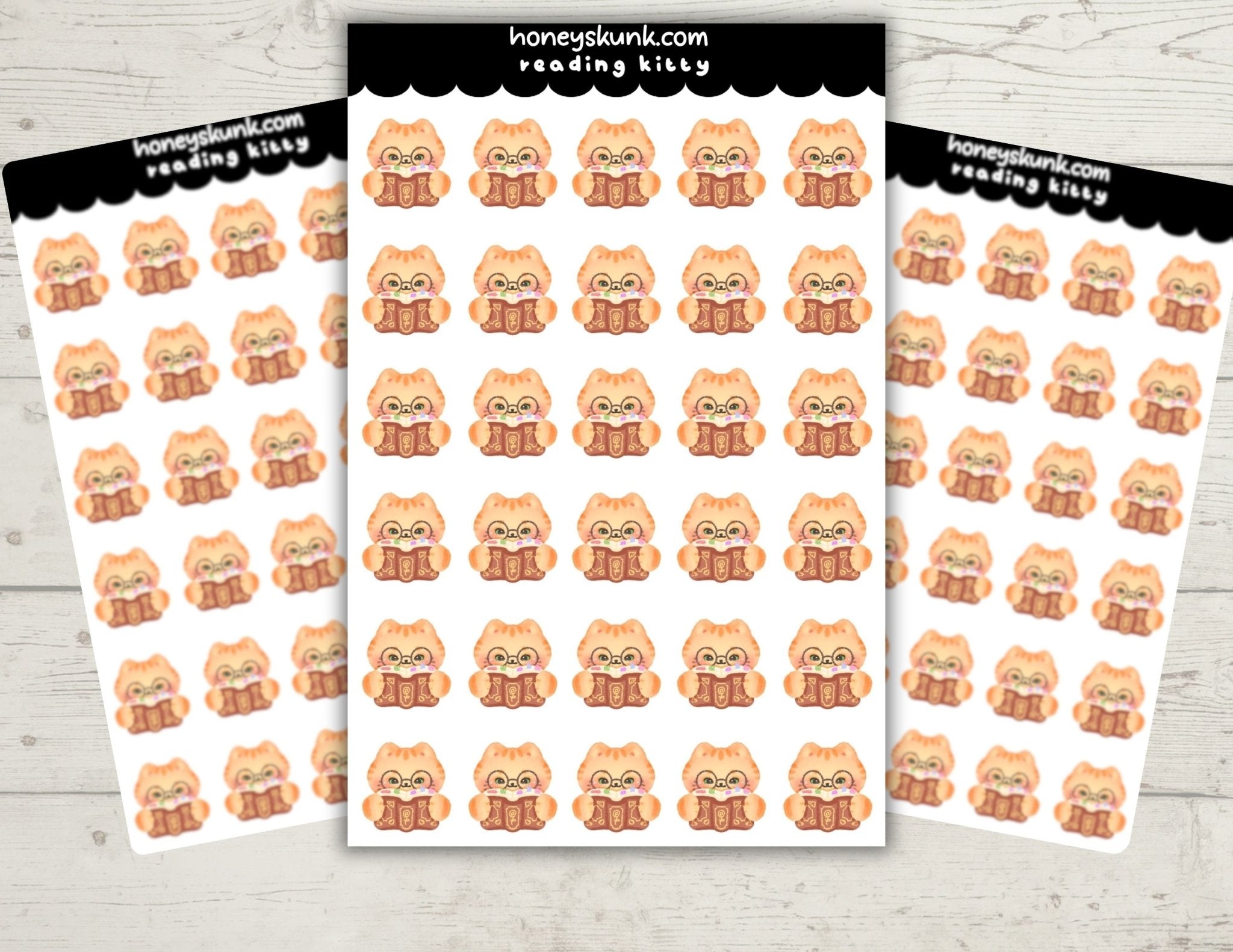 Kawaii Reading Kitty Stickers, Cute Orange Cat Book Tracker Planner Journal Icons Sheet - HoneySkunk