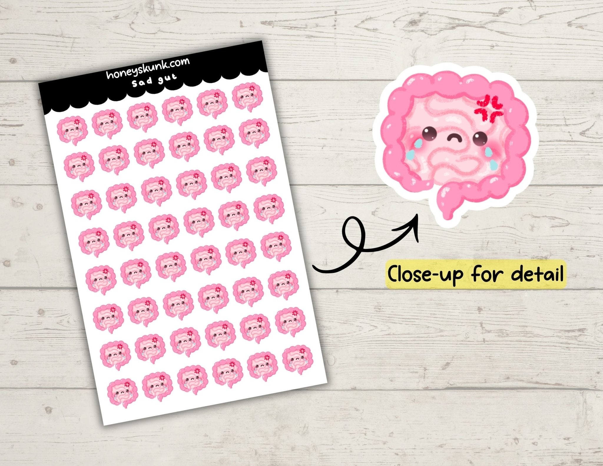 Kawaii Sad Gut Tracker Stickers, Cute IBS Chronic Illness Wellness Planner Journal Icons Sheet - HoneySkunk