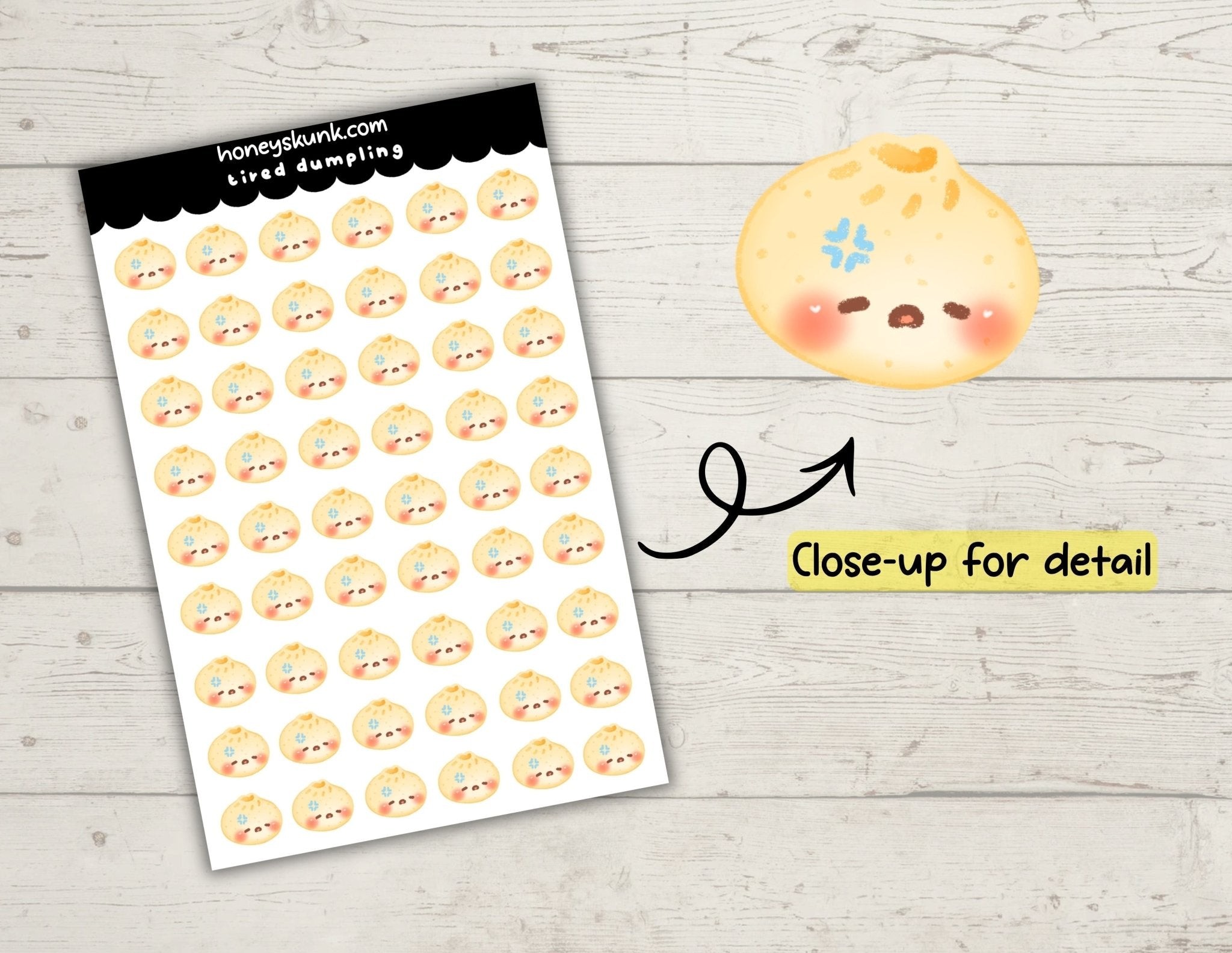 Kawaii Tired Dumpling Planner Stickers, Cute Gyoza Mood Tracker Journal Icons Sheet - HoneySkunk