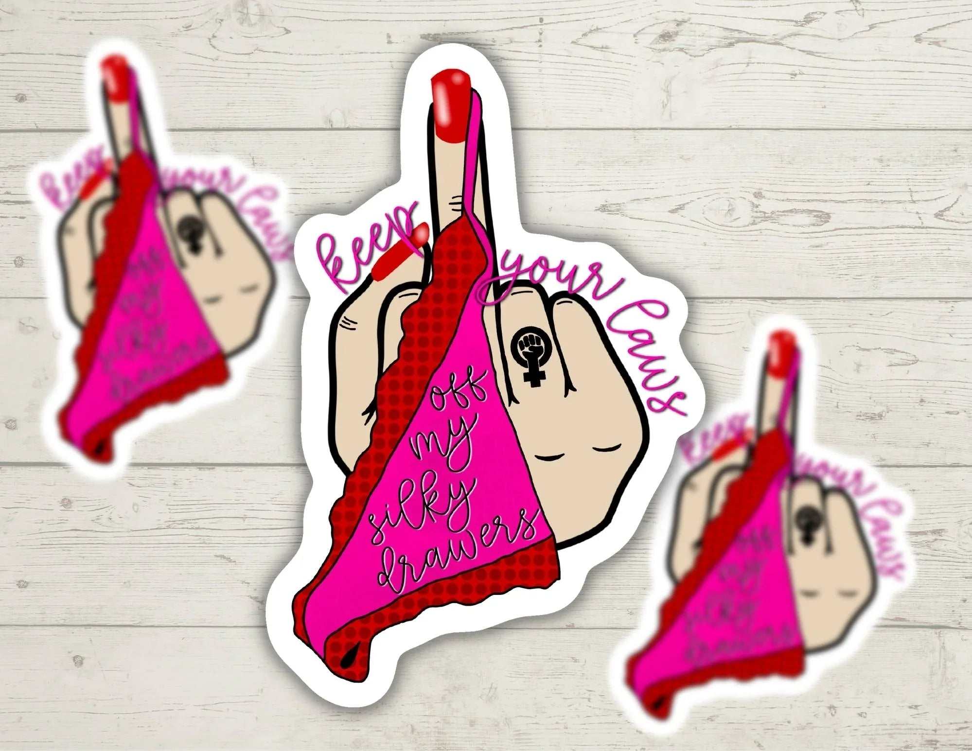 Keep Your Laws Off My Silky Drawers vinyl sticker promoting women's rights and Roe v Wade