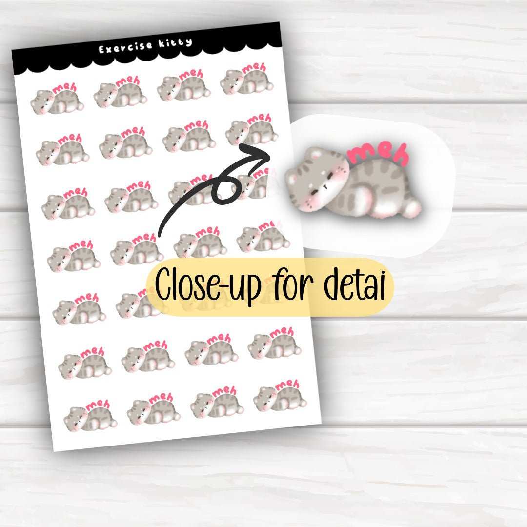 4x6 sticker sheet featuring lazy grey kitten exercise planner stickers with glossy and holographic finishes