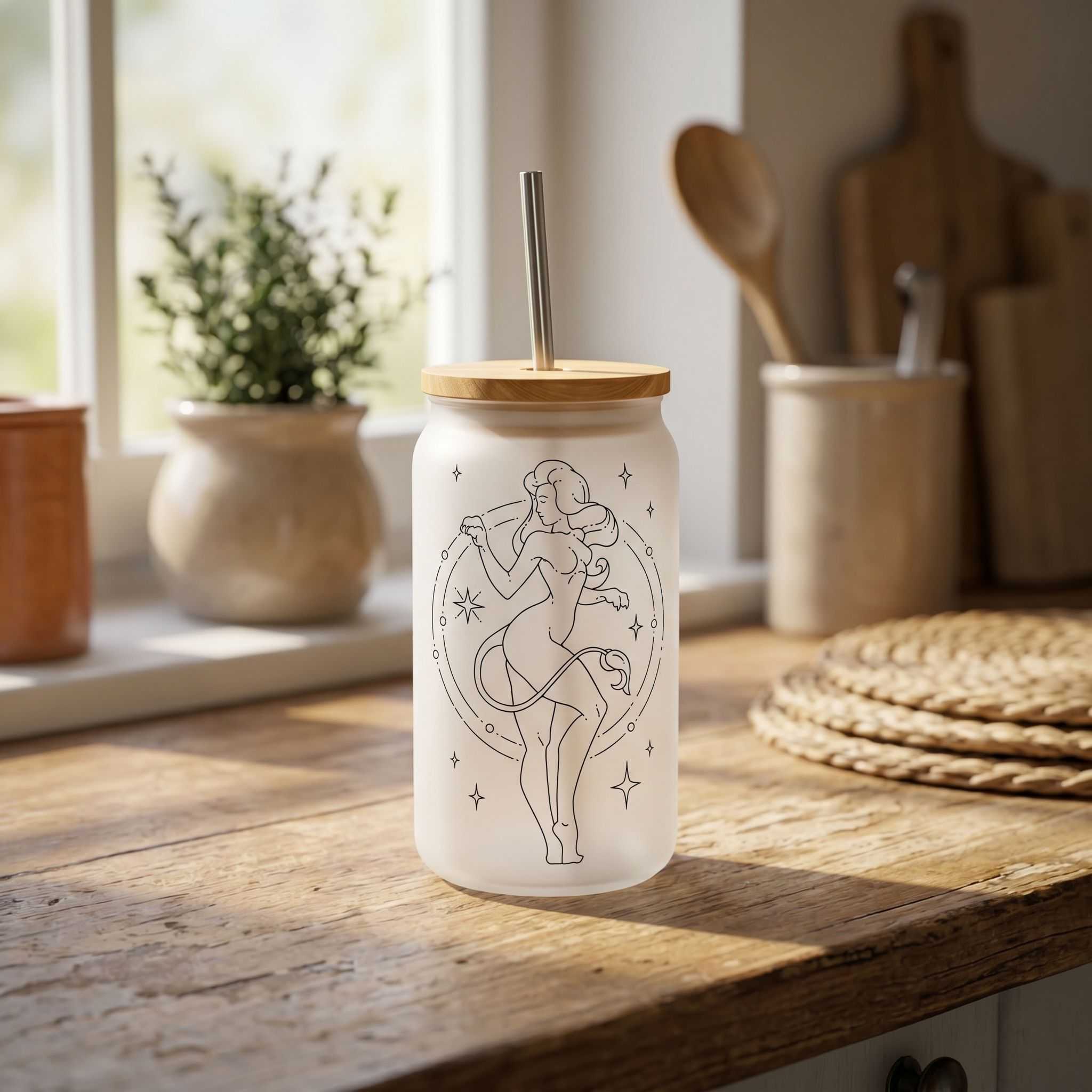 16 oz Leo zodiac Libby glass beer can cup in a cozy kitchen setting with natural sunlight.