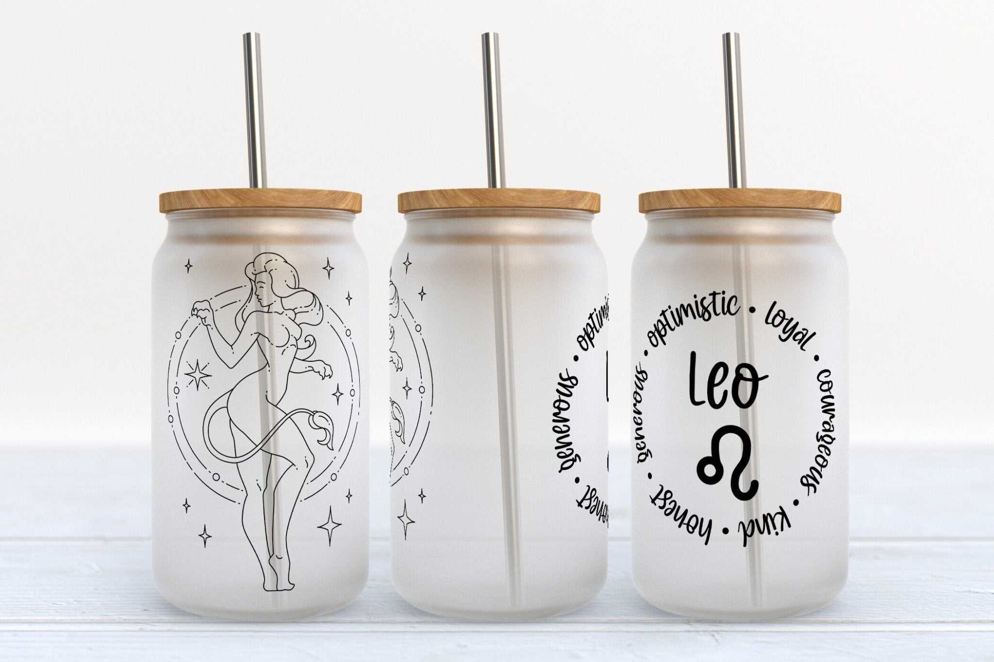 16oz Leo Zodiac Astrology Stars Libby Glass Beer Can Cup with straw and optional bamboo lid