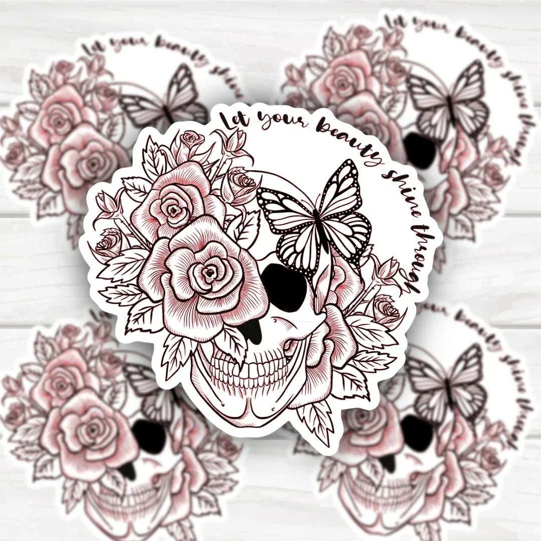 Skull with roses and butterfly decorative sticker design