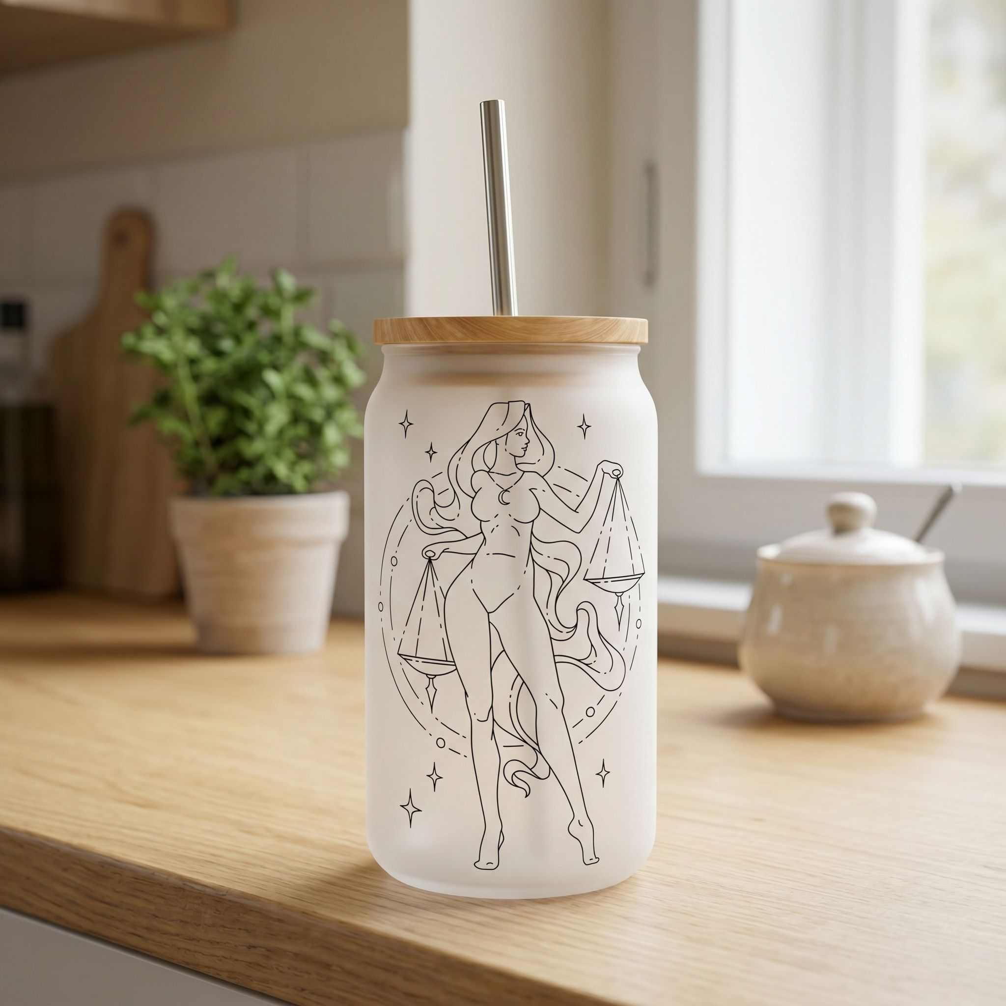 Full frontal view of Libra zodiac glass with bamboo lid on kitchen counter, showcasing clarity and natural wood finish.