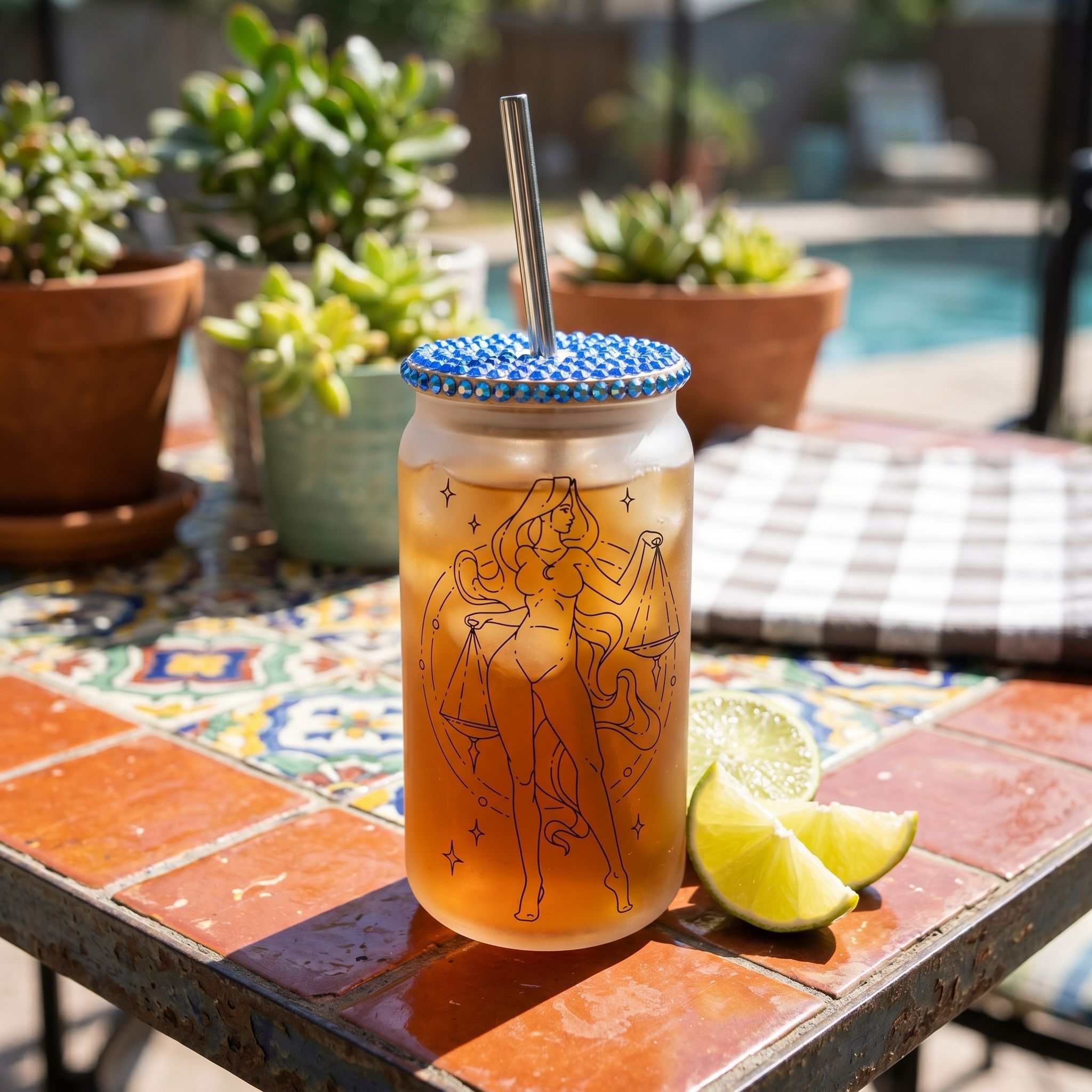 Outdoor scene with Libra glass featuring rhinestone lid on patio table, bright sunlight and cheerful vibe.