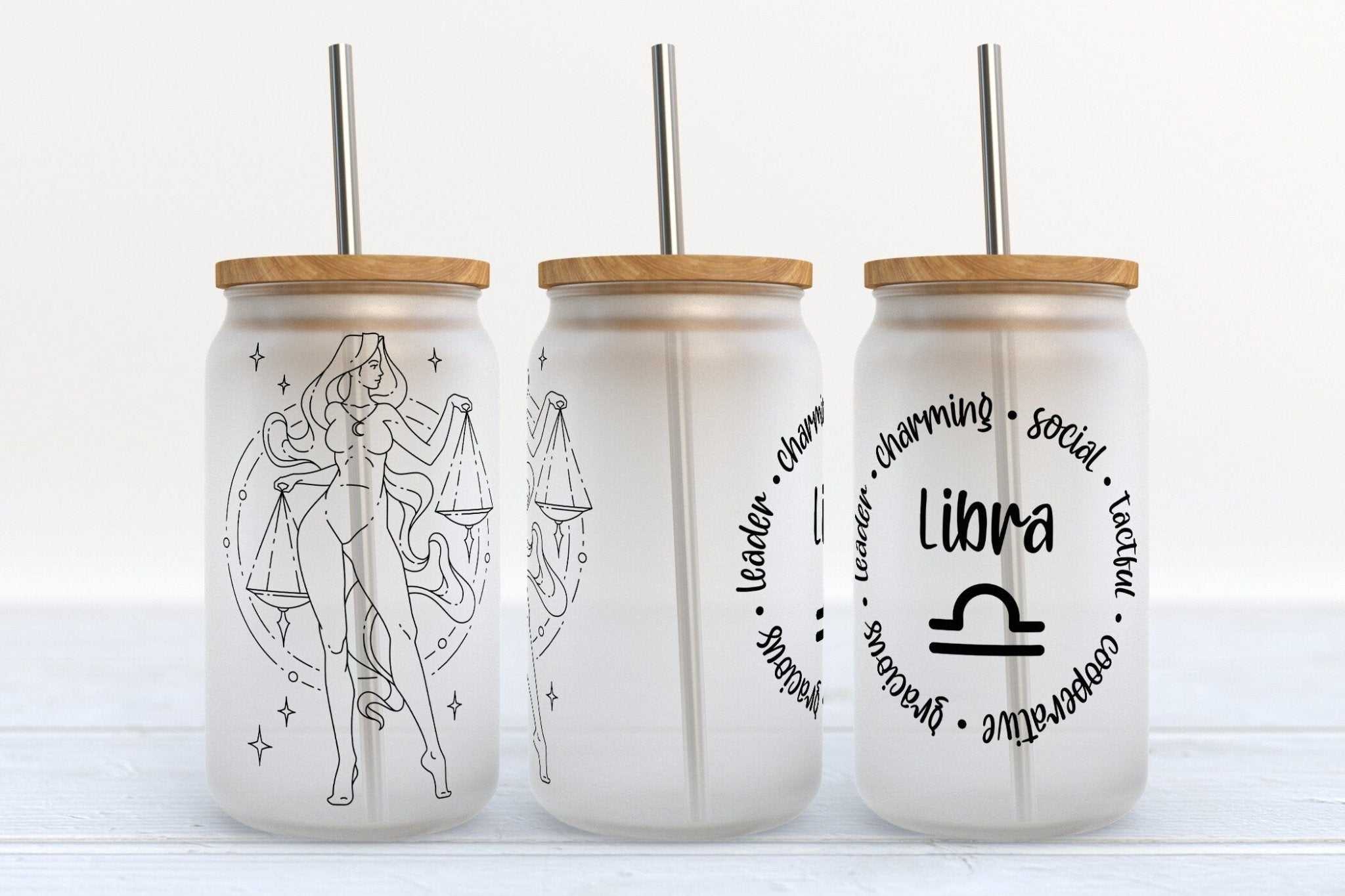 Libra Zodiac astrology stars design on 16oz glass beer can cup with straw and customizable lid options