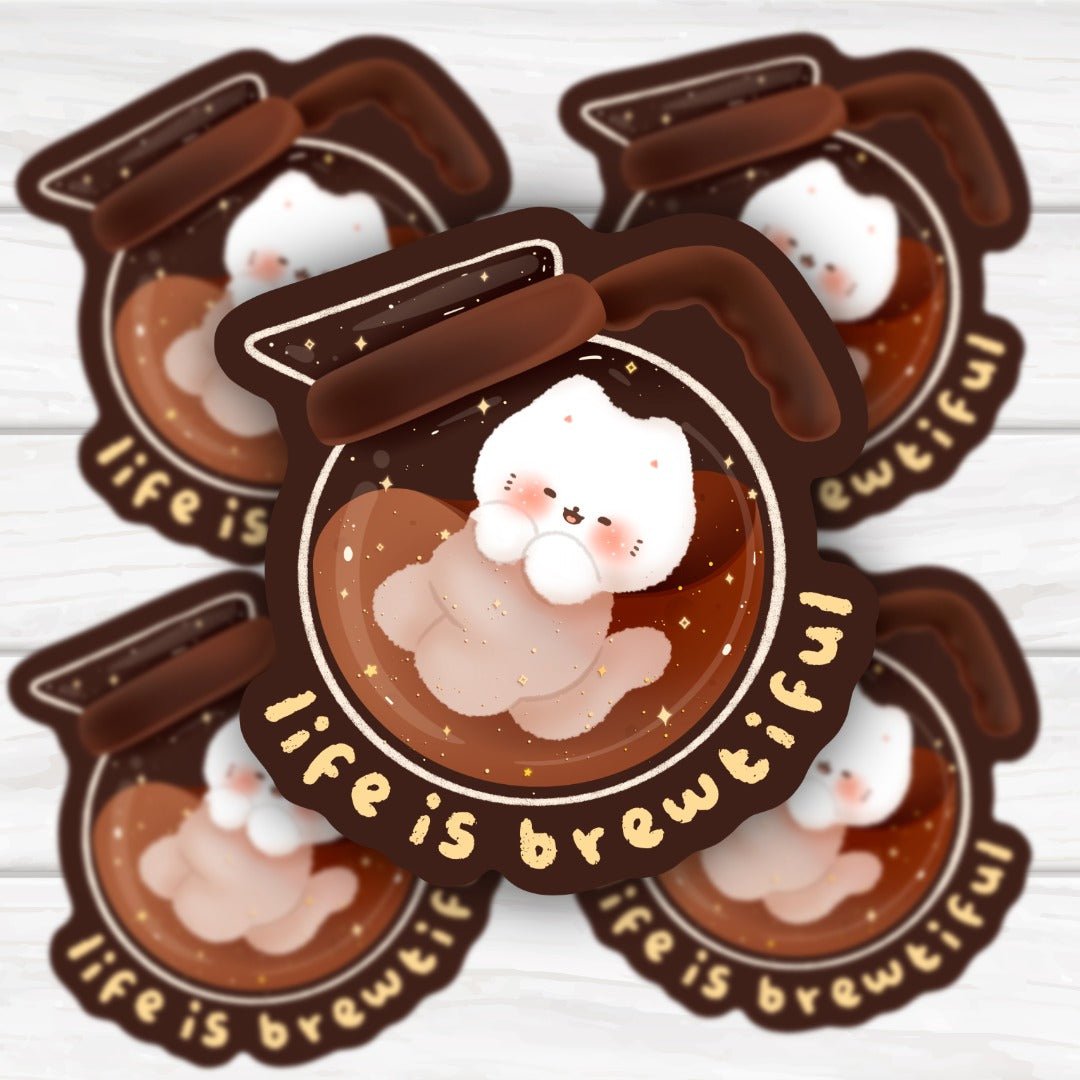 Life Is Brewtiful Adorable Kawaii Cat in Coffee Pot Sticker - HoneySkunk