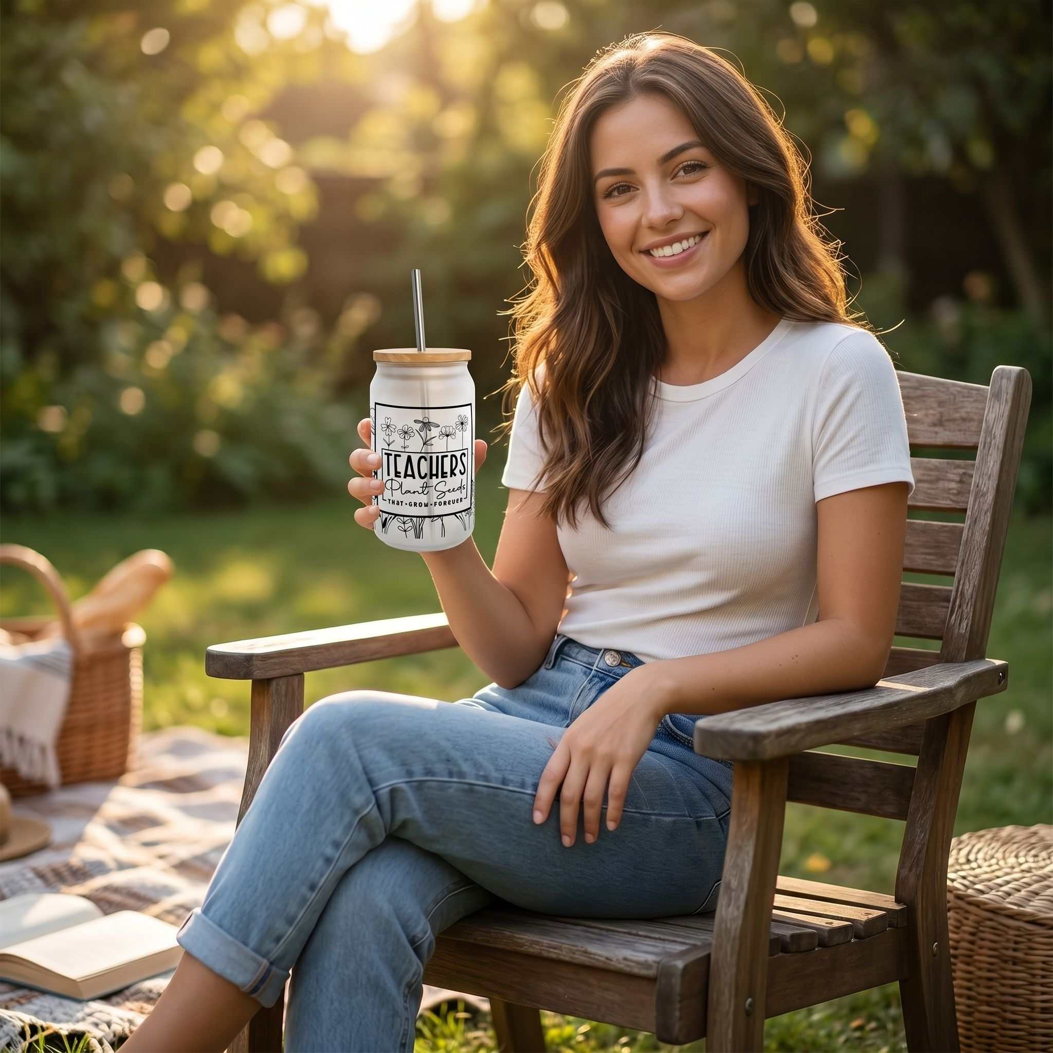 Full-body shot of 16 oz Libby Glass beer can cup on outdoor picnic table, emphasizing casualStyle and versatility for drinks in relaxed settings.