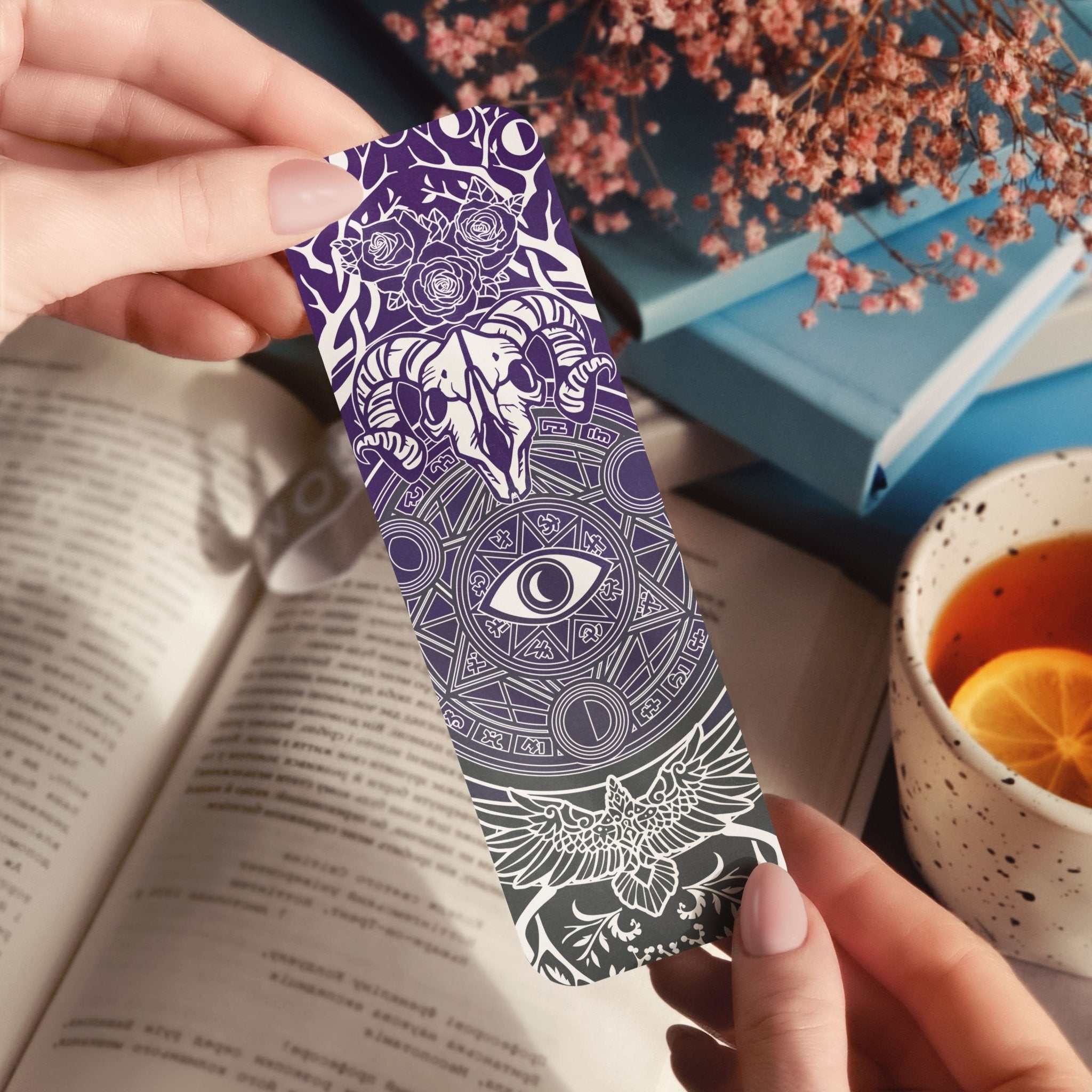 Magic witch circle bookmark featuring skull and raven in dark mystical design