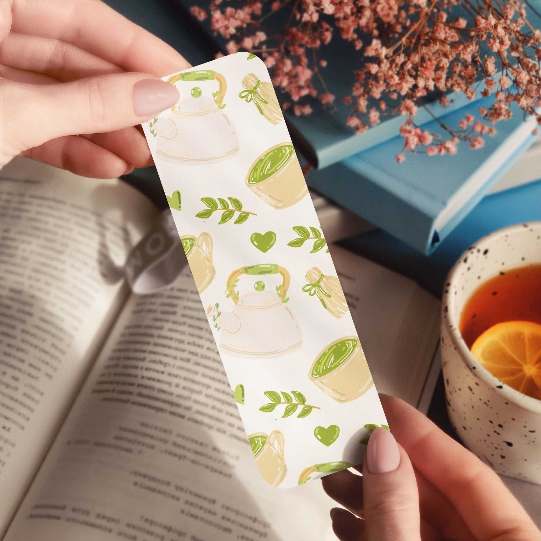 Matcha Drawings Bookmark with cottage core matcha artwork and flowing leaves in soft natural tones
