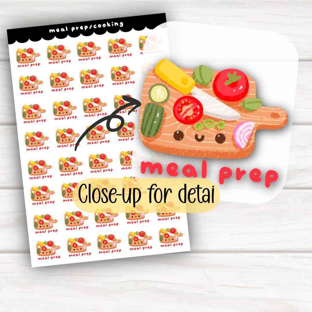 Sticker sheet 4x6 with 30 meal prep and cooking icons in glossy and holographic finishes for planners