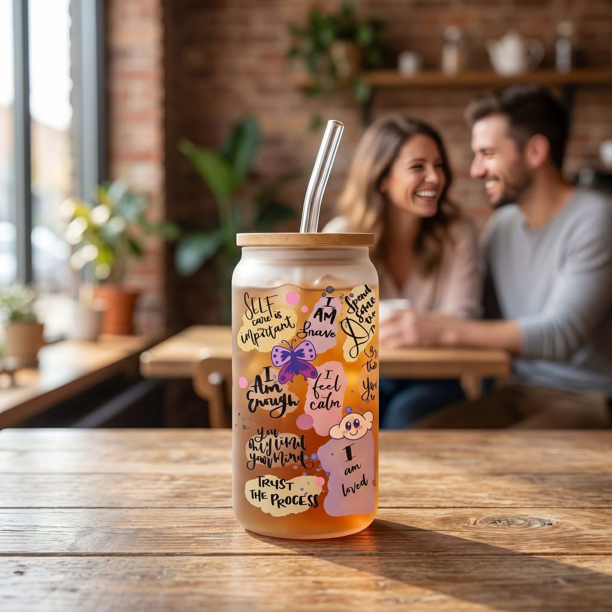 16 oz Libby beer can style glass cup with positive affirmations, placed on a wooden table in a cozy café setting with warm natural light.