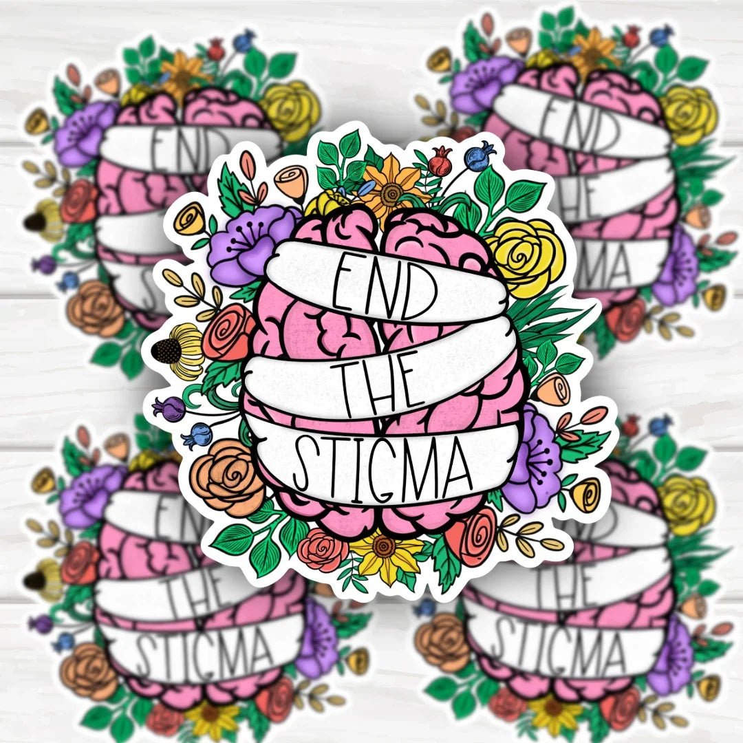 Mental Health End The Stigma brain with flowers sticker for awareness and support