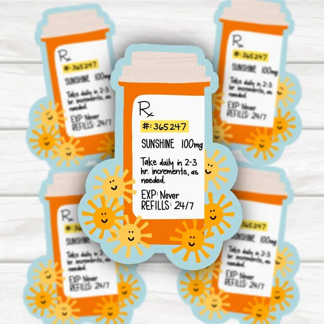Mental health medication bottle prescription sticker with sunshine design